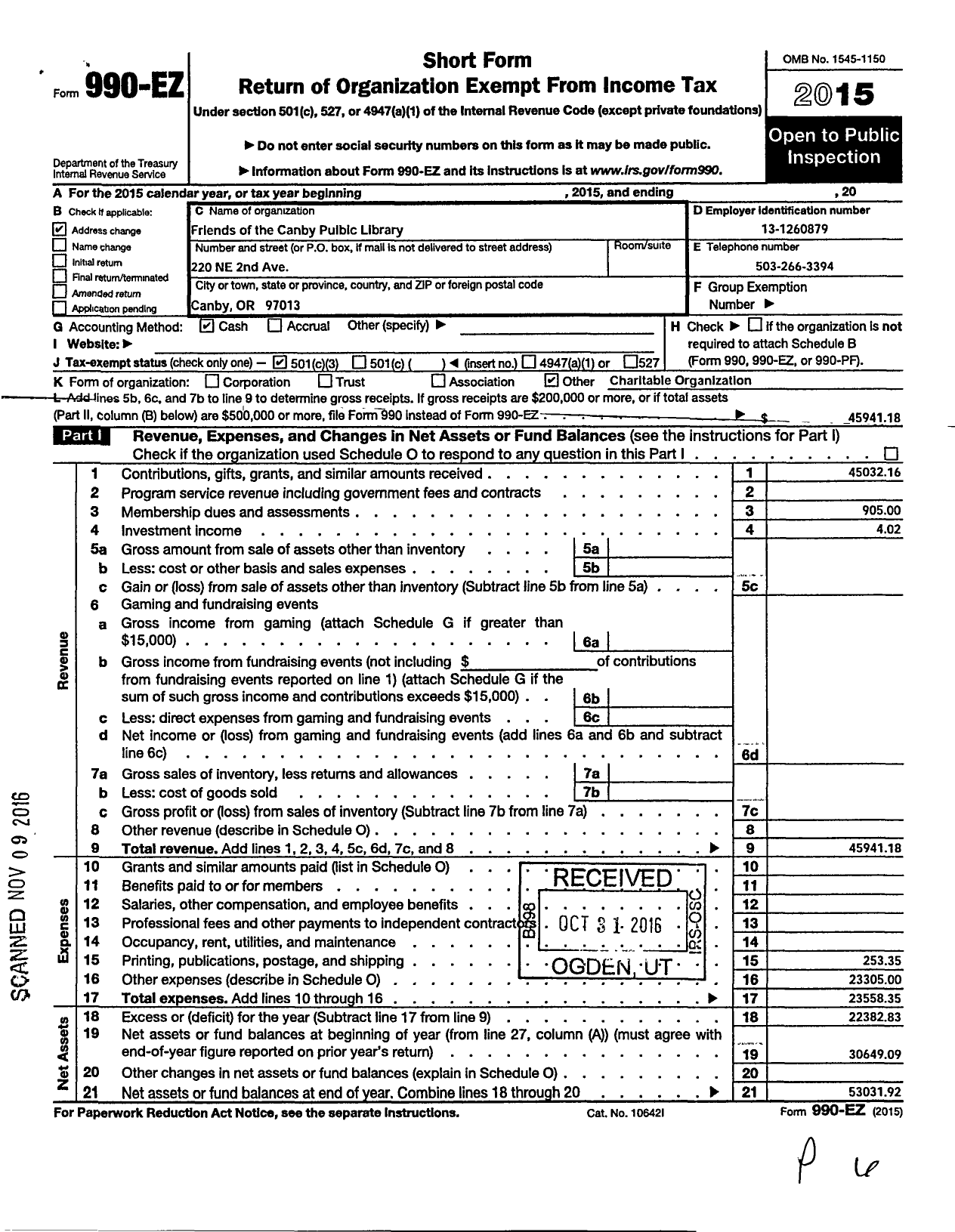 Image of first page of 2015 Form 990EZ for Friends of the Canby Public Library