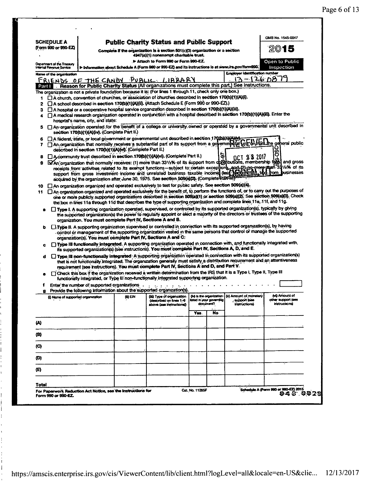 Image of first page of 2015 Form 990ER for Friends of the Canby Public Library