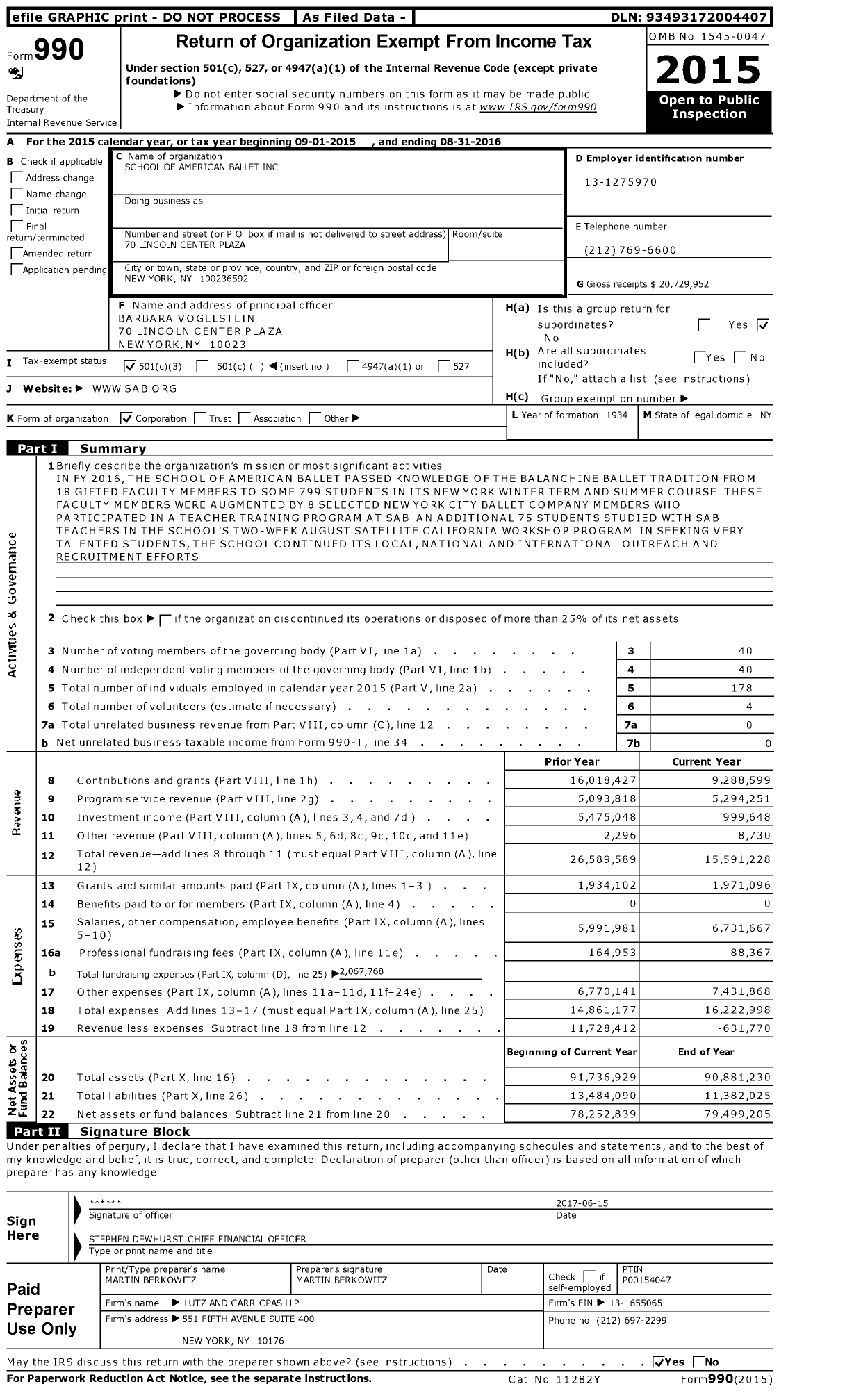 Image of first page of 2015 Form 990 for The School of American Ballet (SAB)