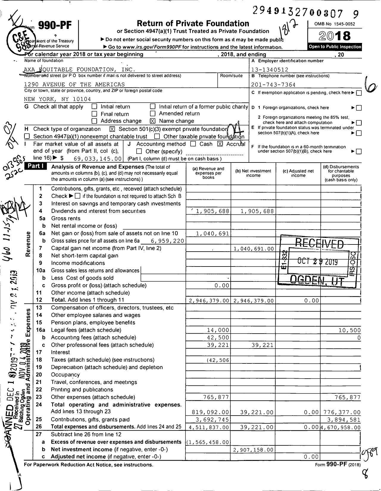 Image of first page of 2018 Form 990PF for Equitable Foundation