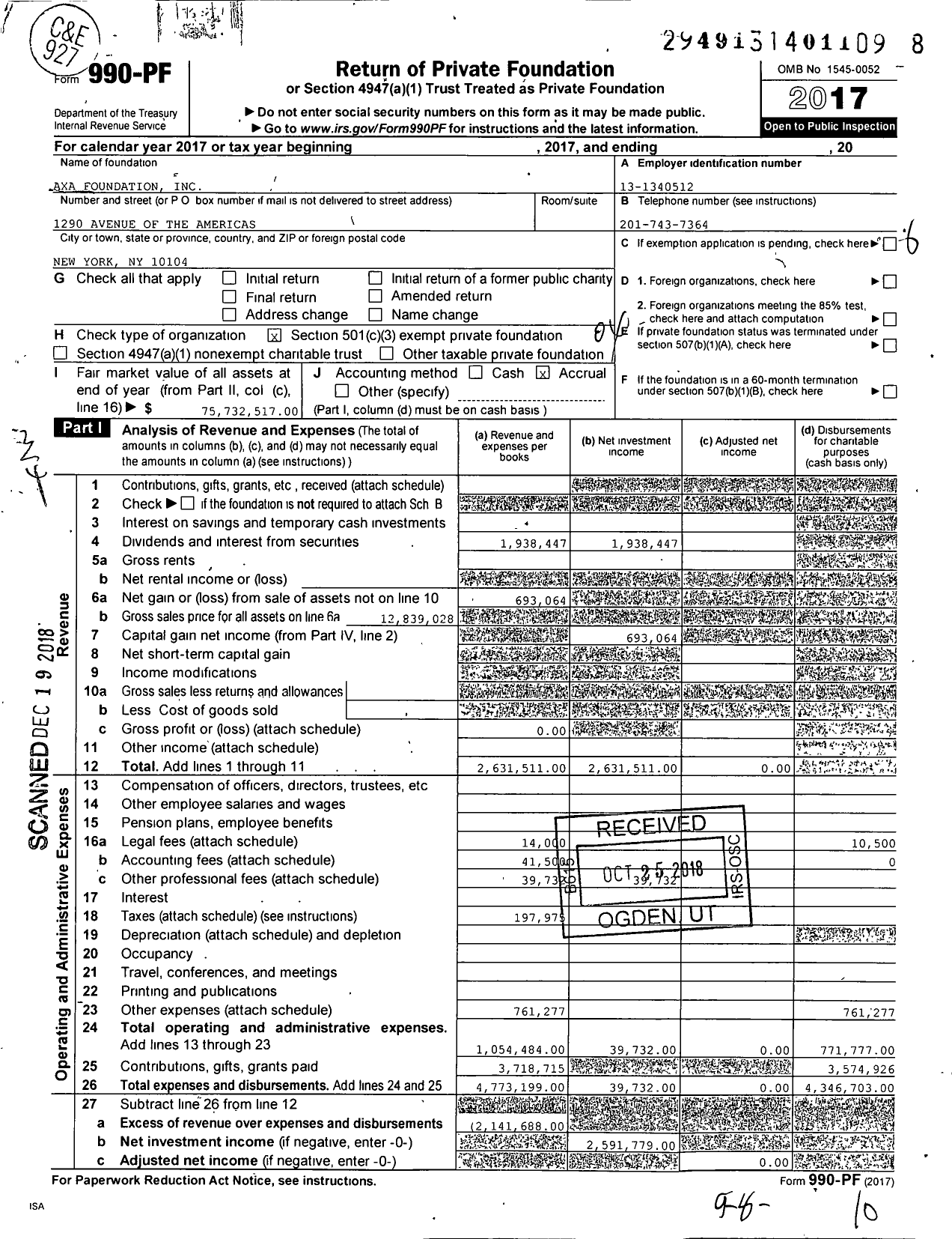 Image of first page of 2017 Form 990PF for Equitable Foundation