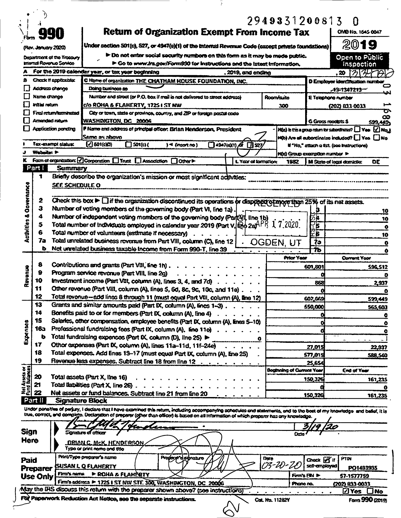 Image of first page of 2019 Form 990 for The Chatham House Foundation