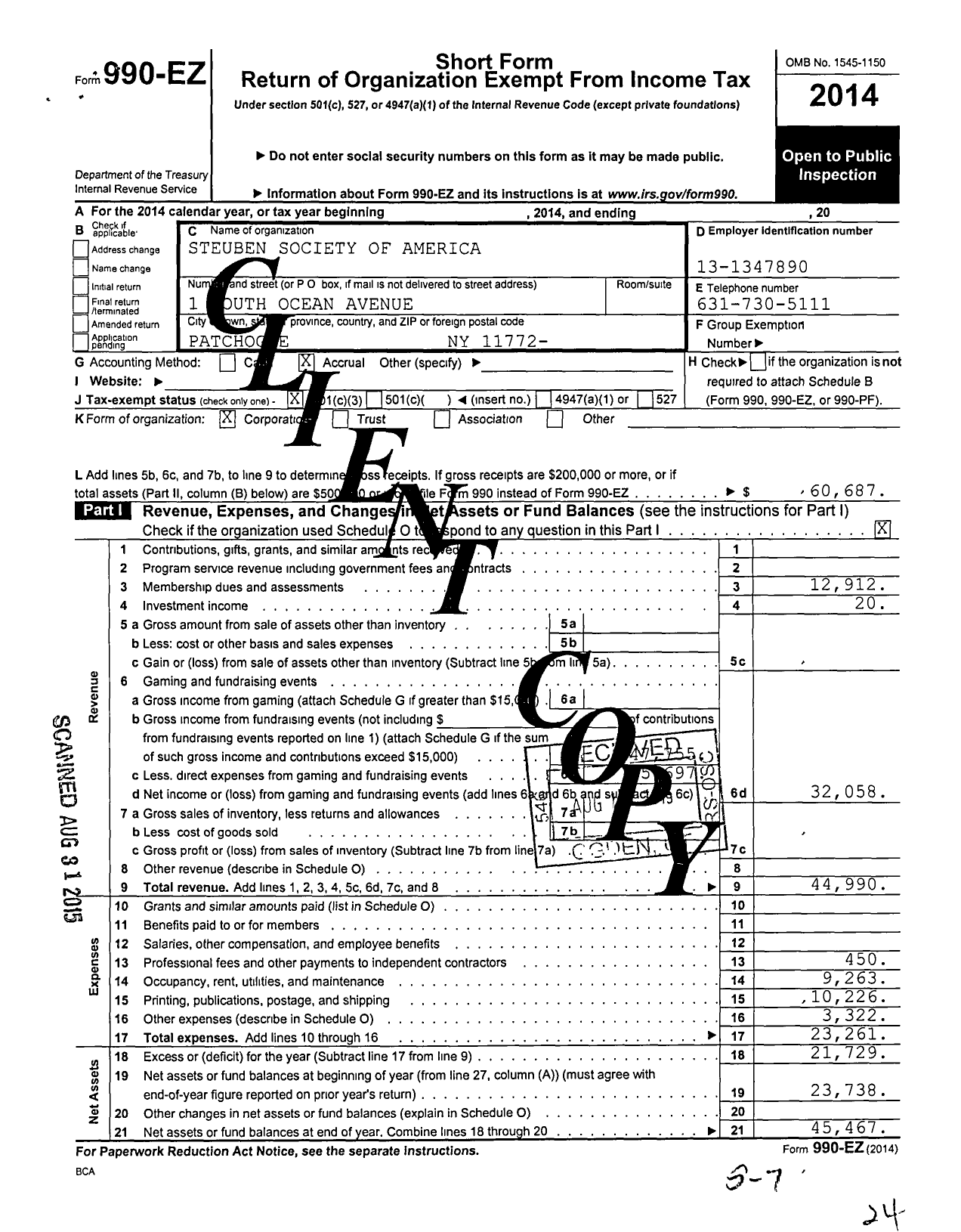 Image of first page of 2014 Form 990EZ for Steuben Society of America