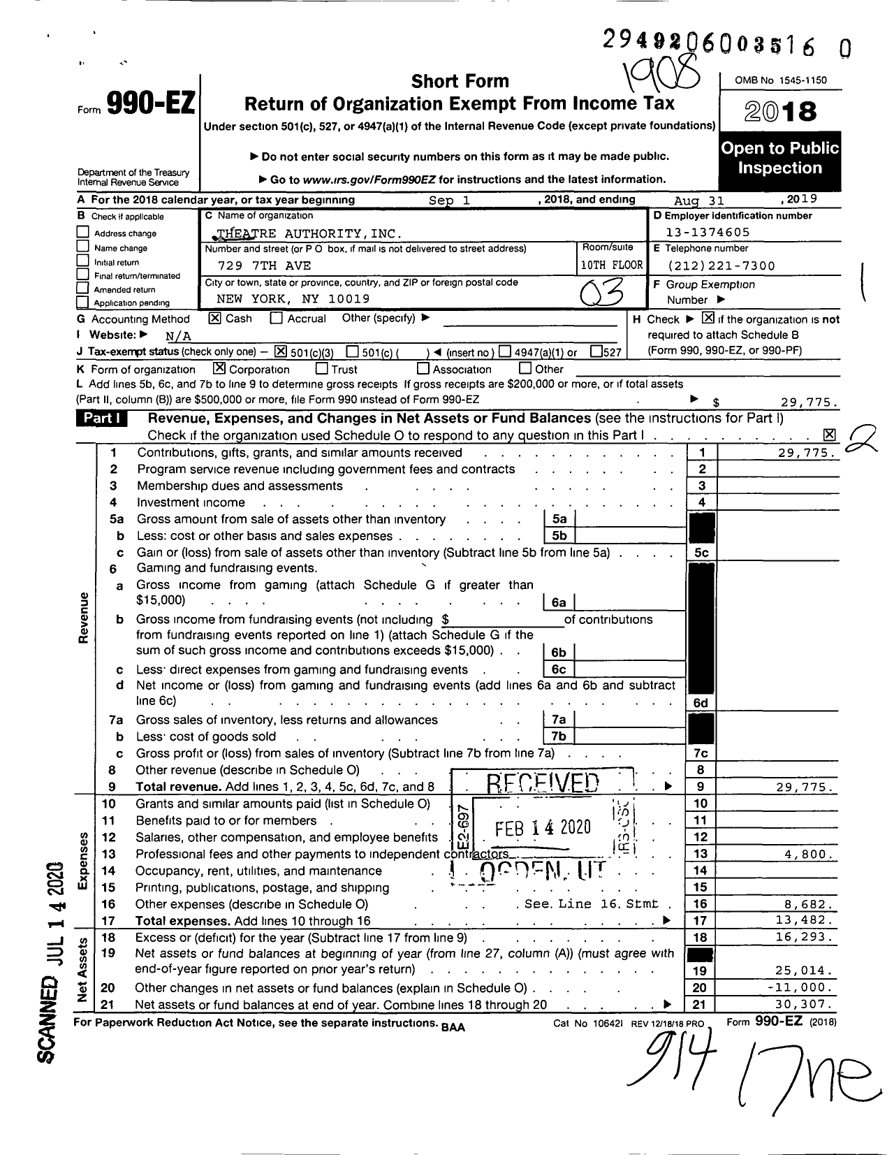 Image of first page of 2018 Form 990EZ for Theatre Authority