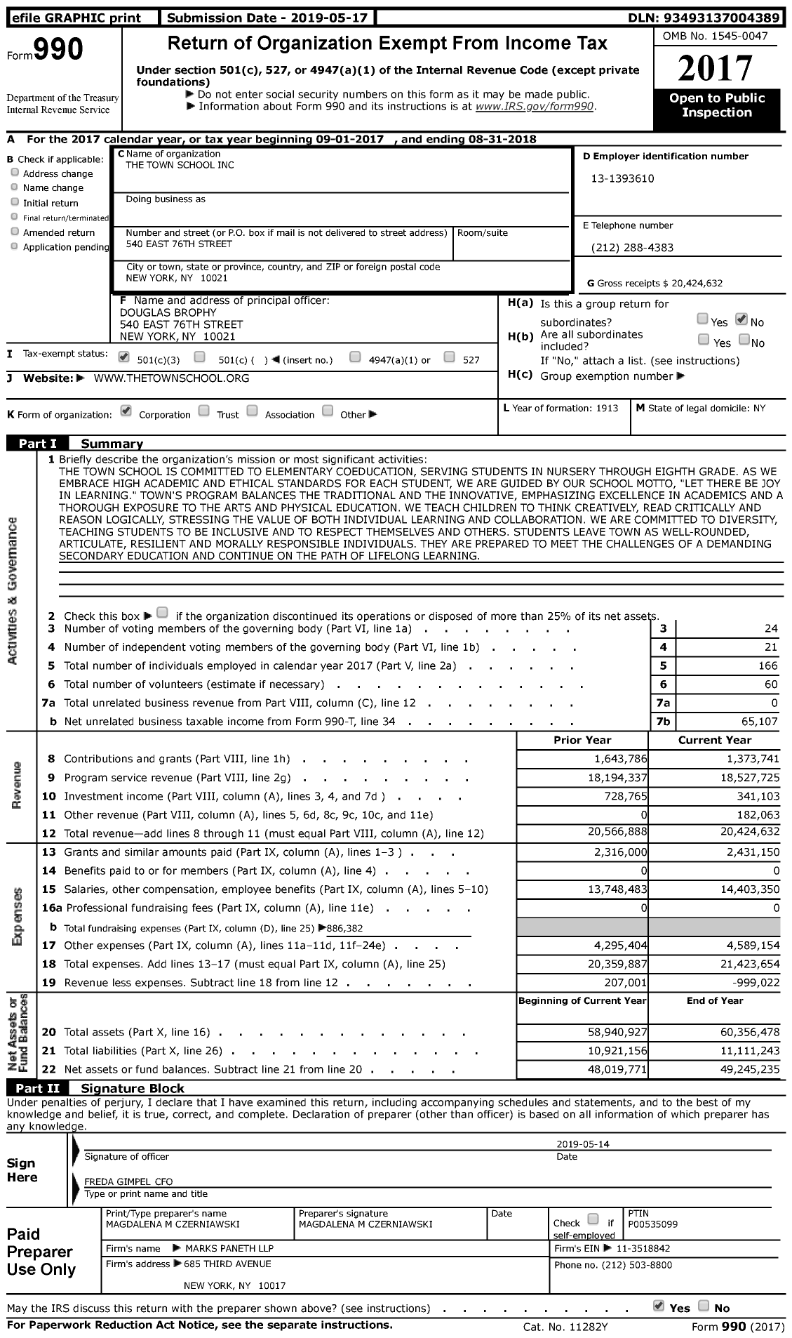 Image of first page of 2017 Form 990 for The Town School