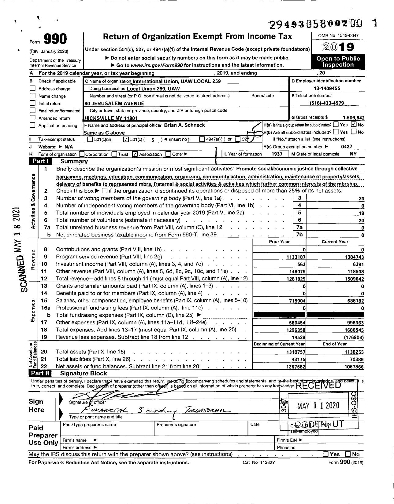 Image of first page of 2019 Form 990O for International Union UAW Local 259