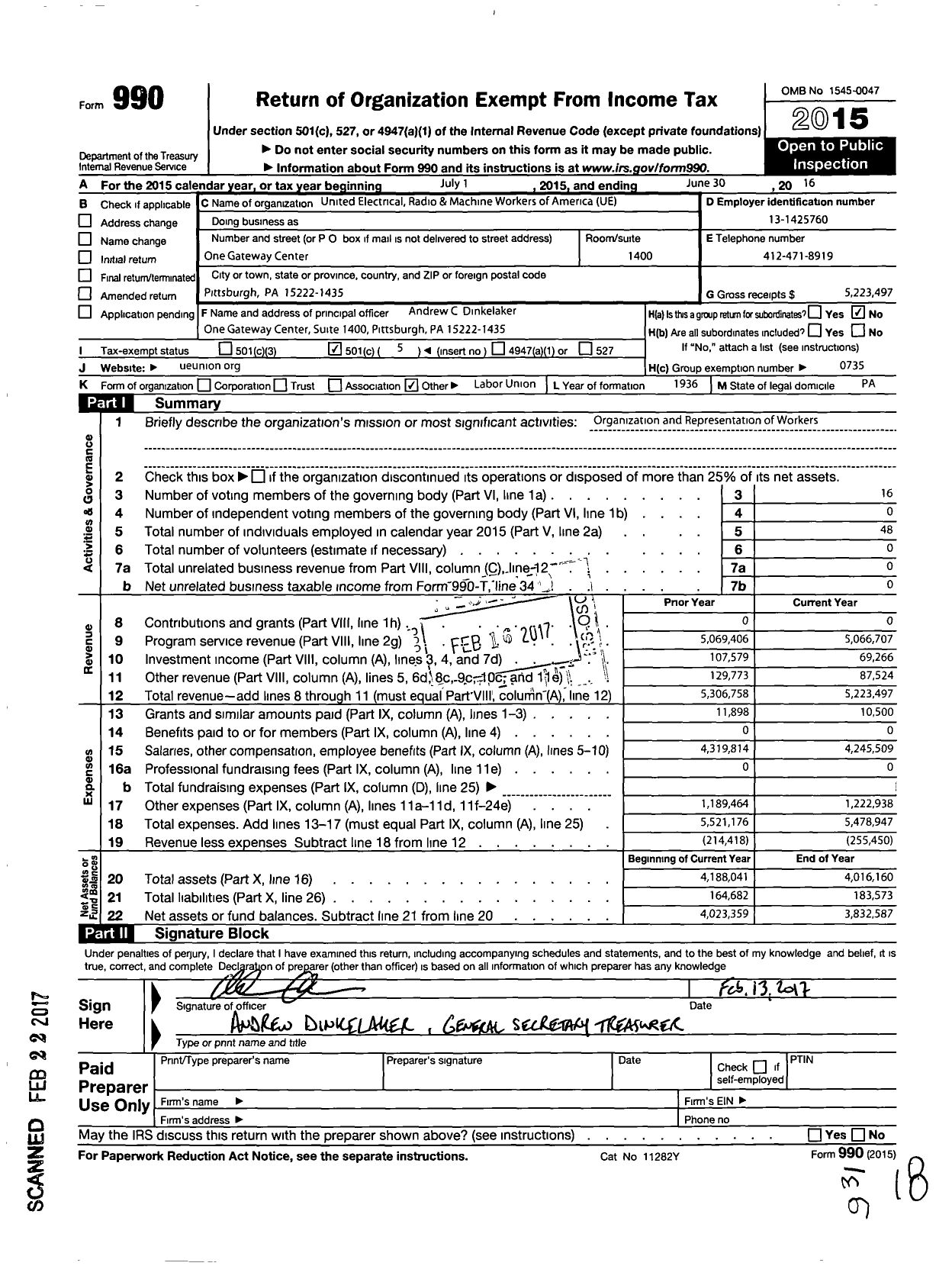 Image of first page of 2015 Form 990O for United Electrical Radio and Machine Workers of America / National Office