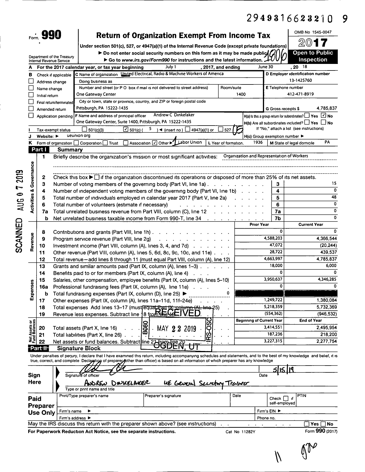Image of first page of 2017 Form 990O for United Electrical Radio and Machine Workers of America / National Office