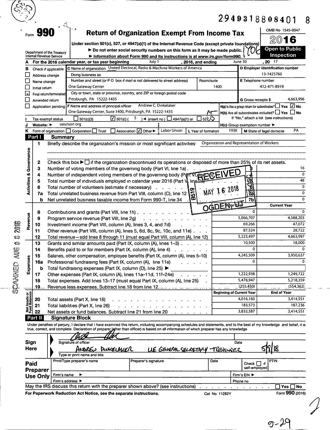 Image of first page of 2016 Form 990O for United Electrical Radio and Machine Workers of America / National Office