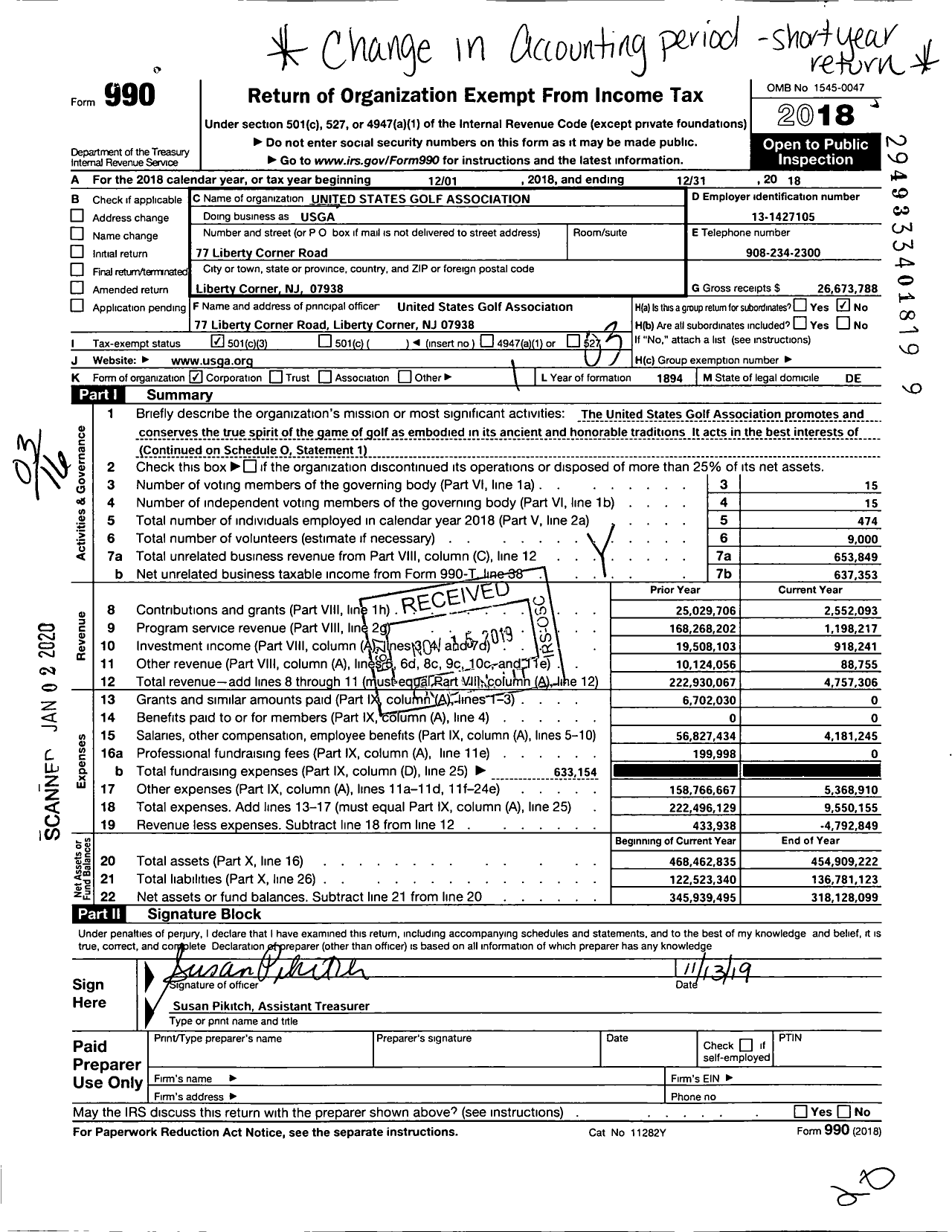 Image of first page of 2018 Form 990 for United States Golf Association (USGA)