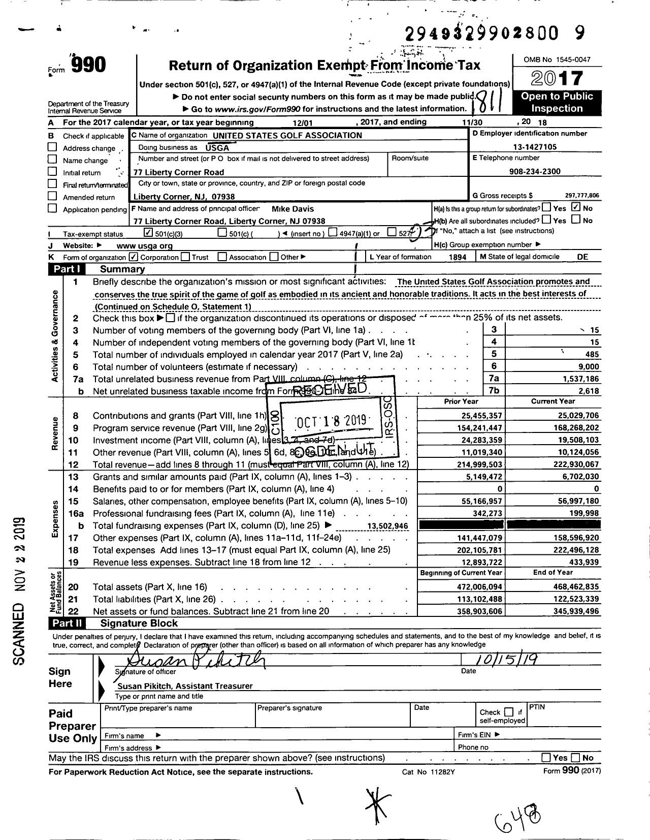 Image of first page of 2017 Form 990 for United States Golf Association (USGA)