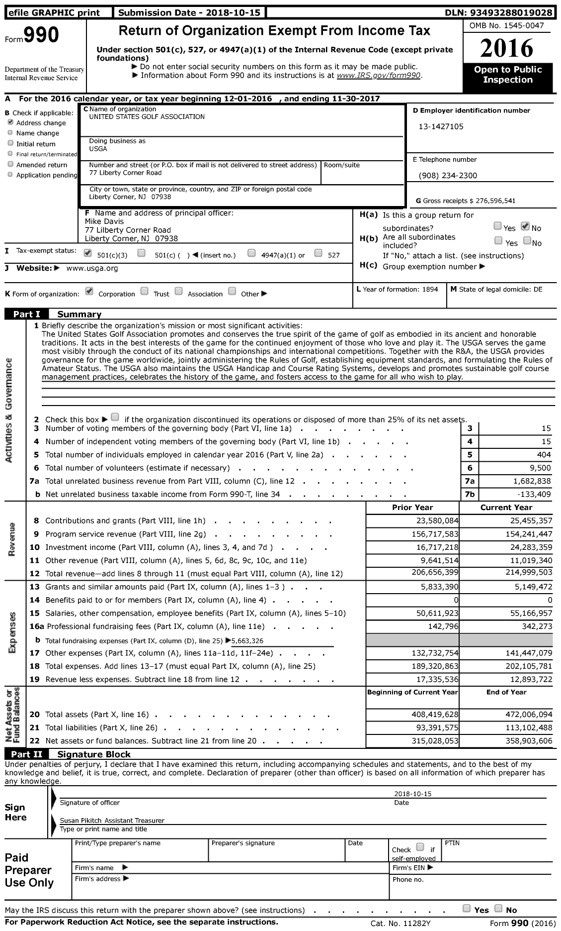 Image of first page of 2016 Form 990 for United States Golf Association (USGA)