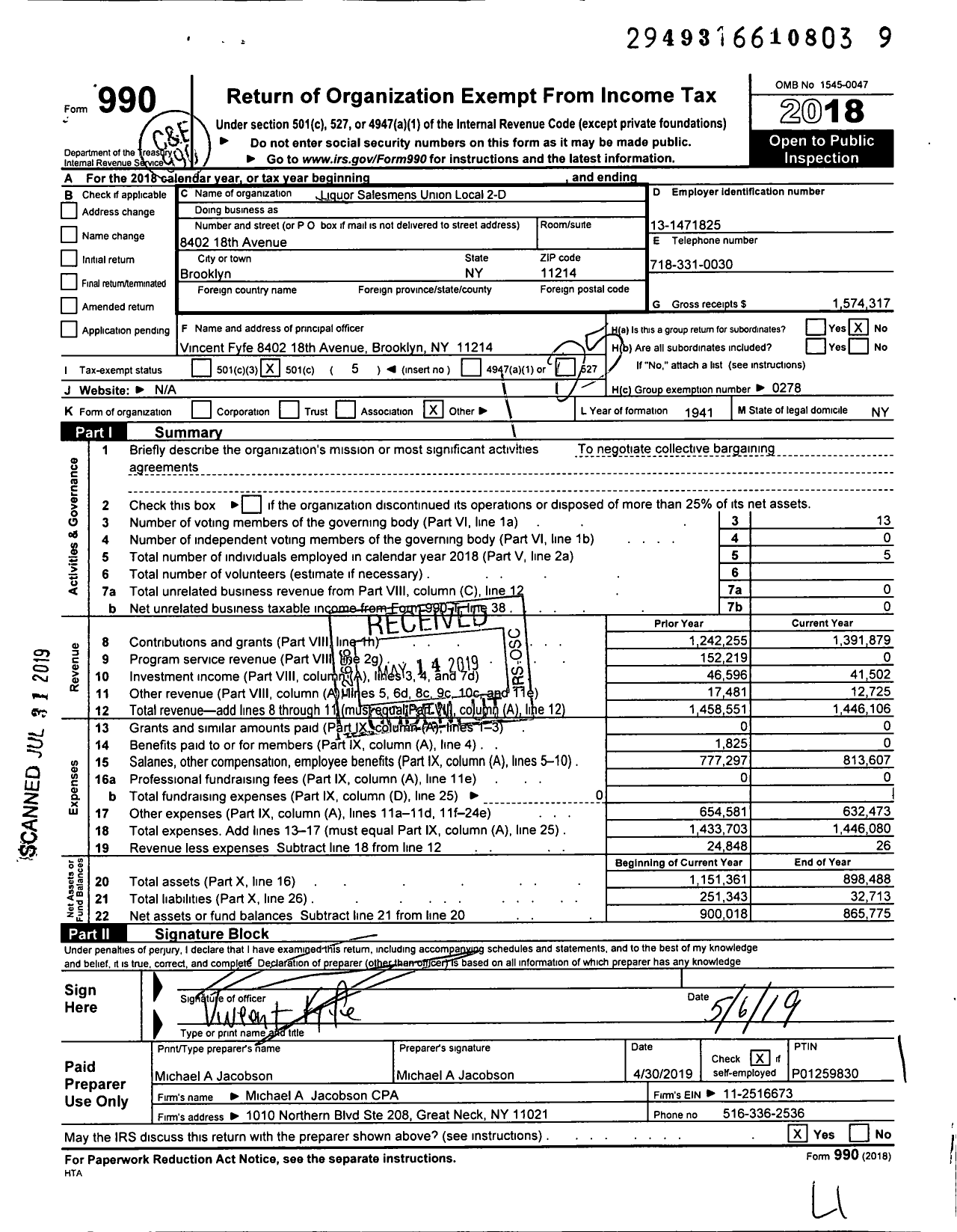 Image of first page of 2018 Form 990O for United Food & Commercial Workers Union - 2D Local