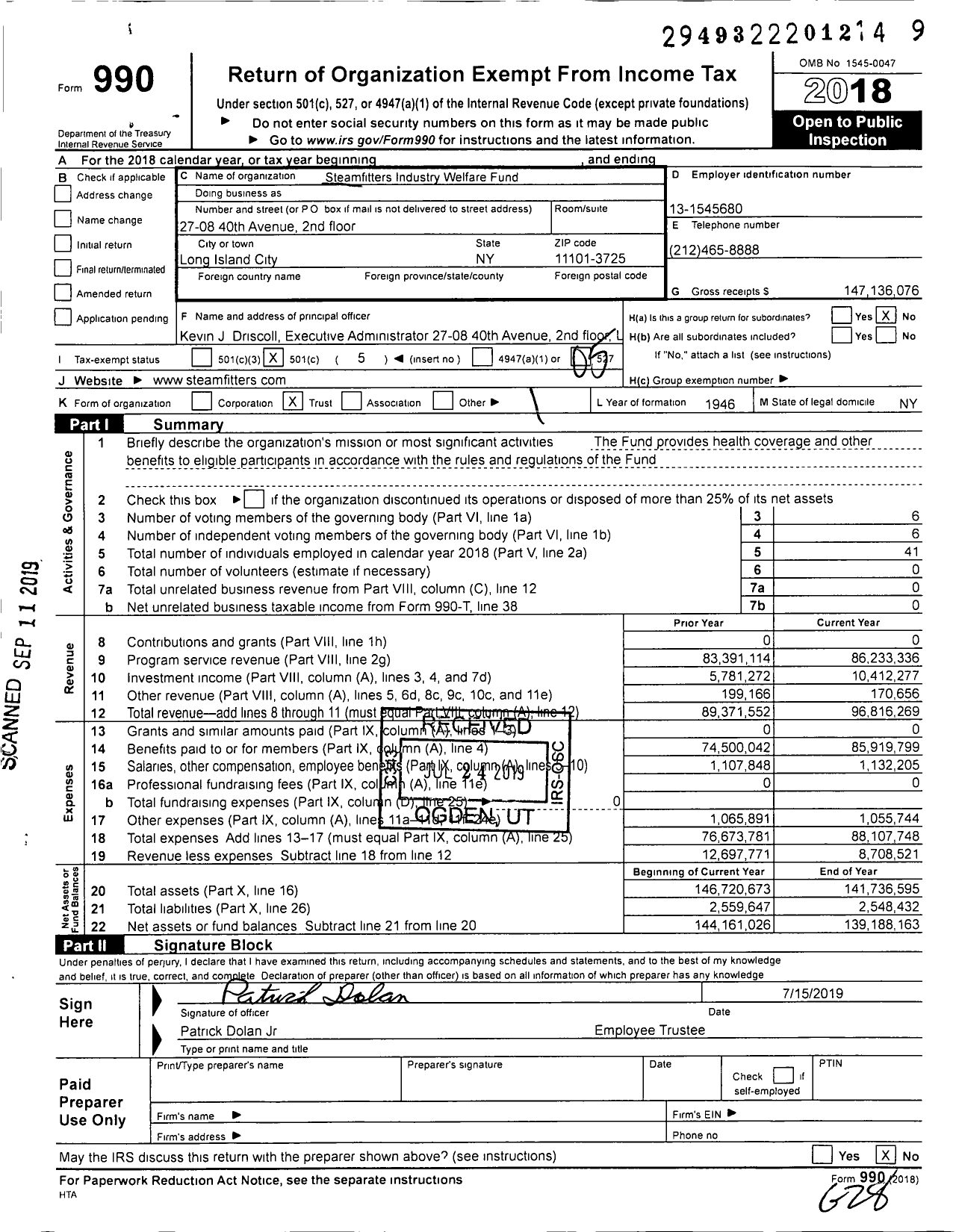 Image of first page of 2018 Form 990O for Steamfitters' Industry Trust Fund