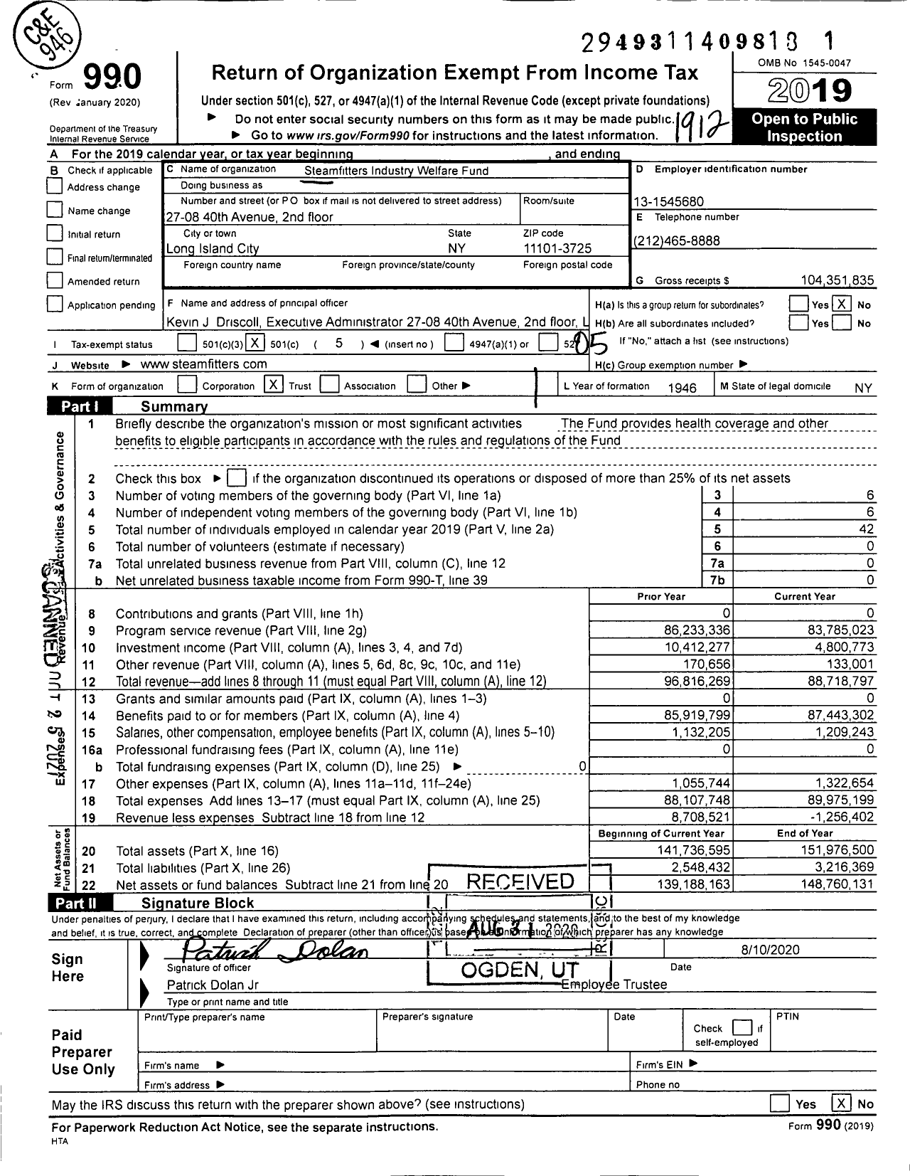 Image of first page of 2019 Form 990O for Steamfitters' Industry Trust Fund