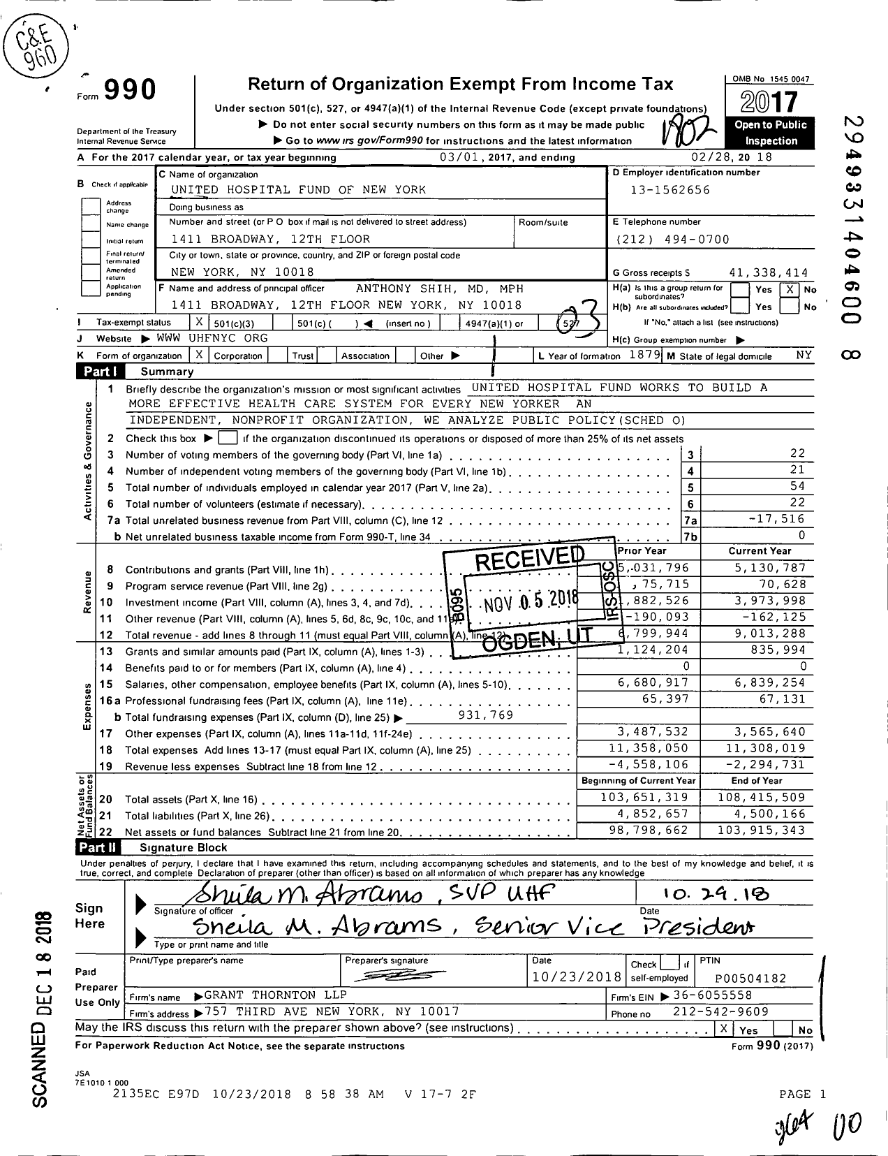 Image of first page of 2017 Form 990 for United Hospital Fund of New York (UHF)