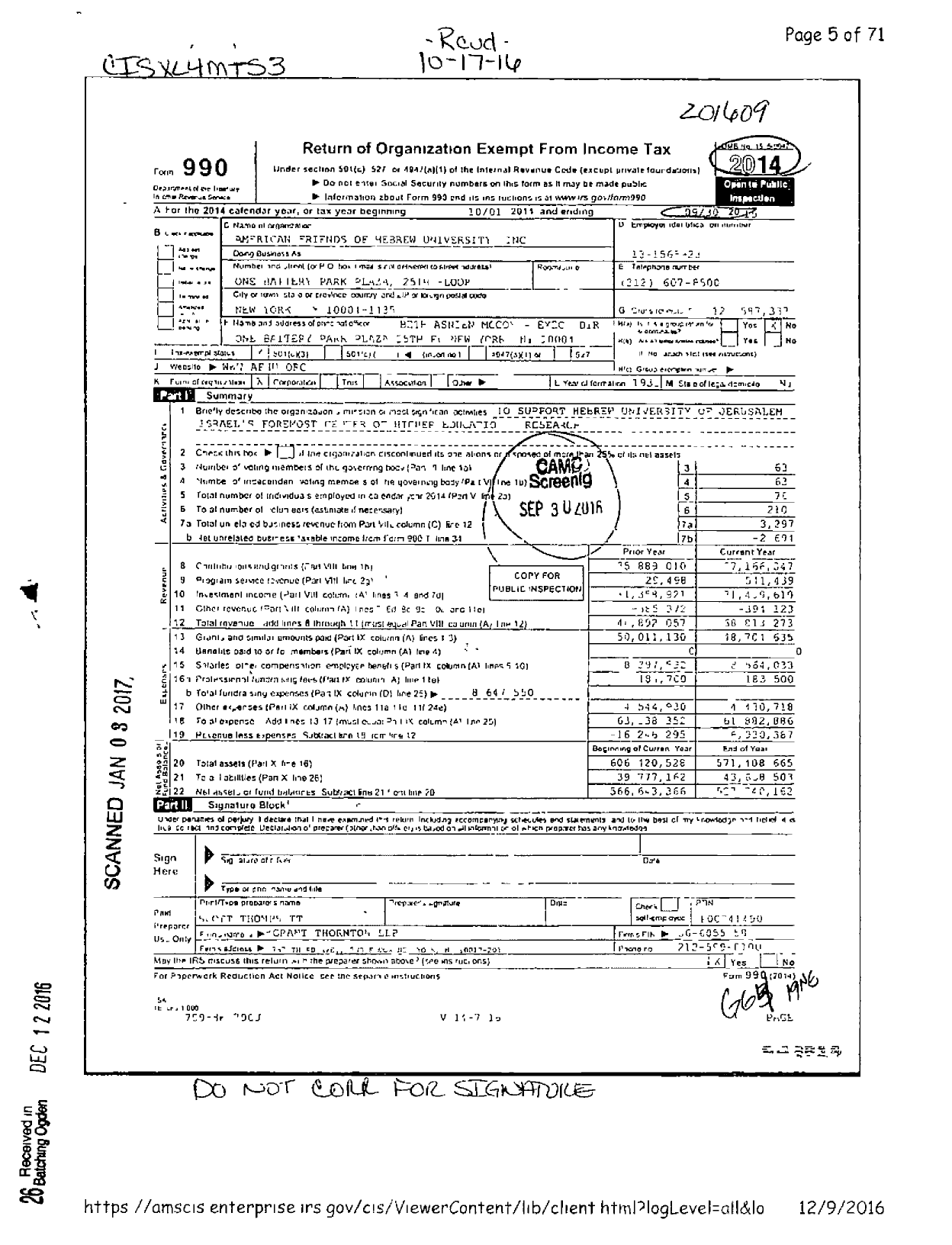 Image of first page of 2015 Form 990 for American Friends of Hebrew University