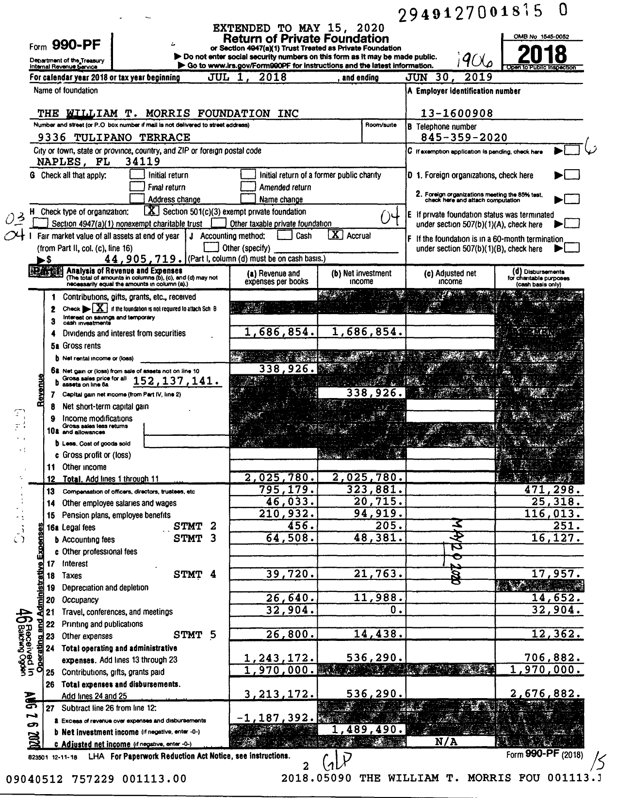 Image of first page of 2018 Form 990PF for William T Morris Foundation