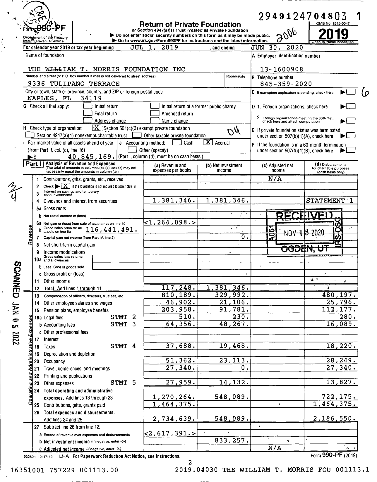 Image of first page of 2019 Form 990PF for William T Morris Foundation