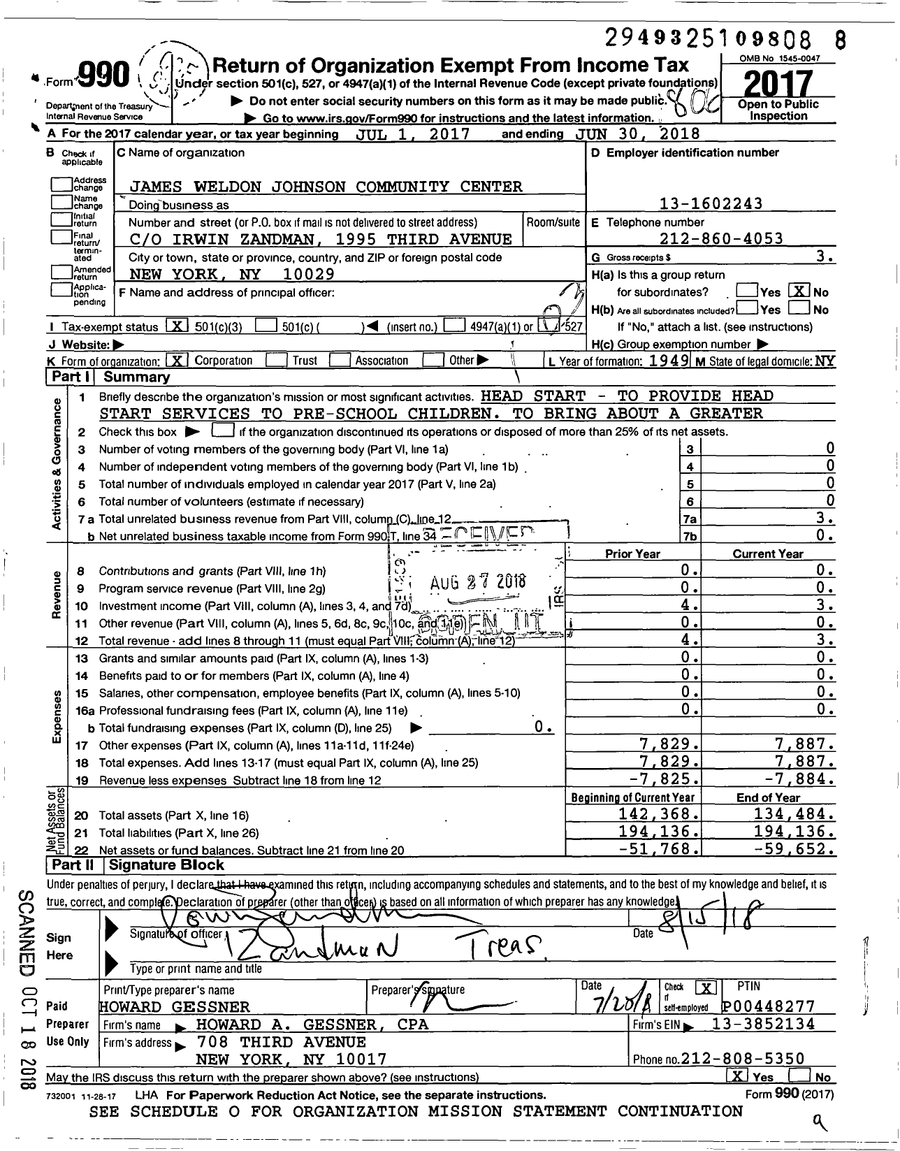 Image of first page of 2017 Form 990 for James Weldon Johnson Community Center