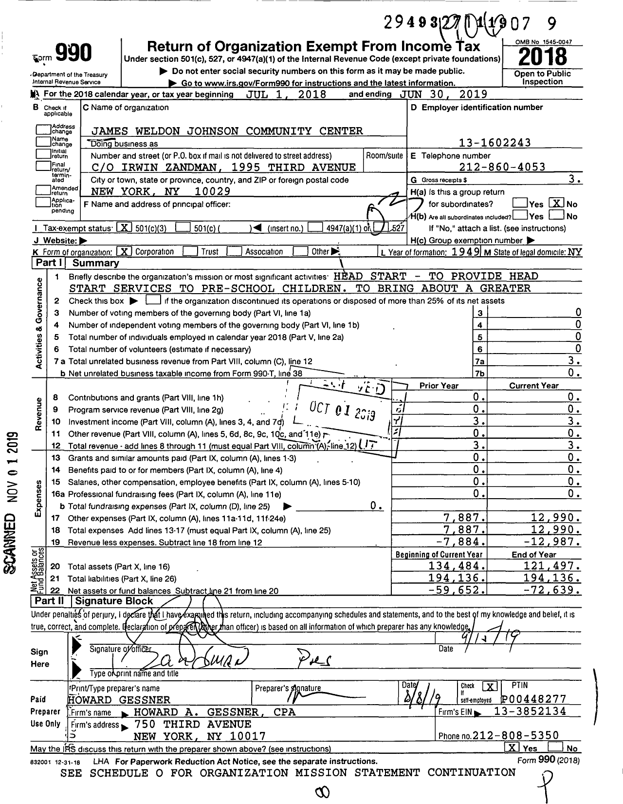 Image of first page of 2018 Form 990 for James Weldon Johnson Community Center