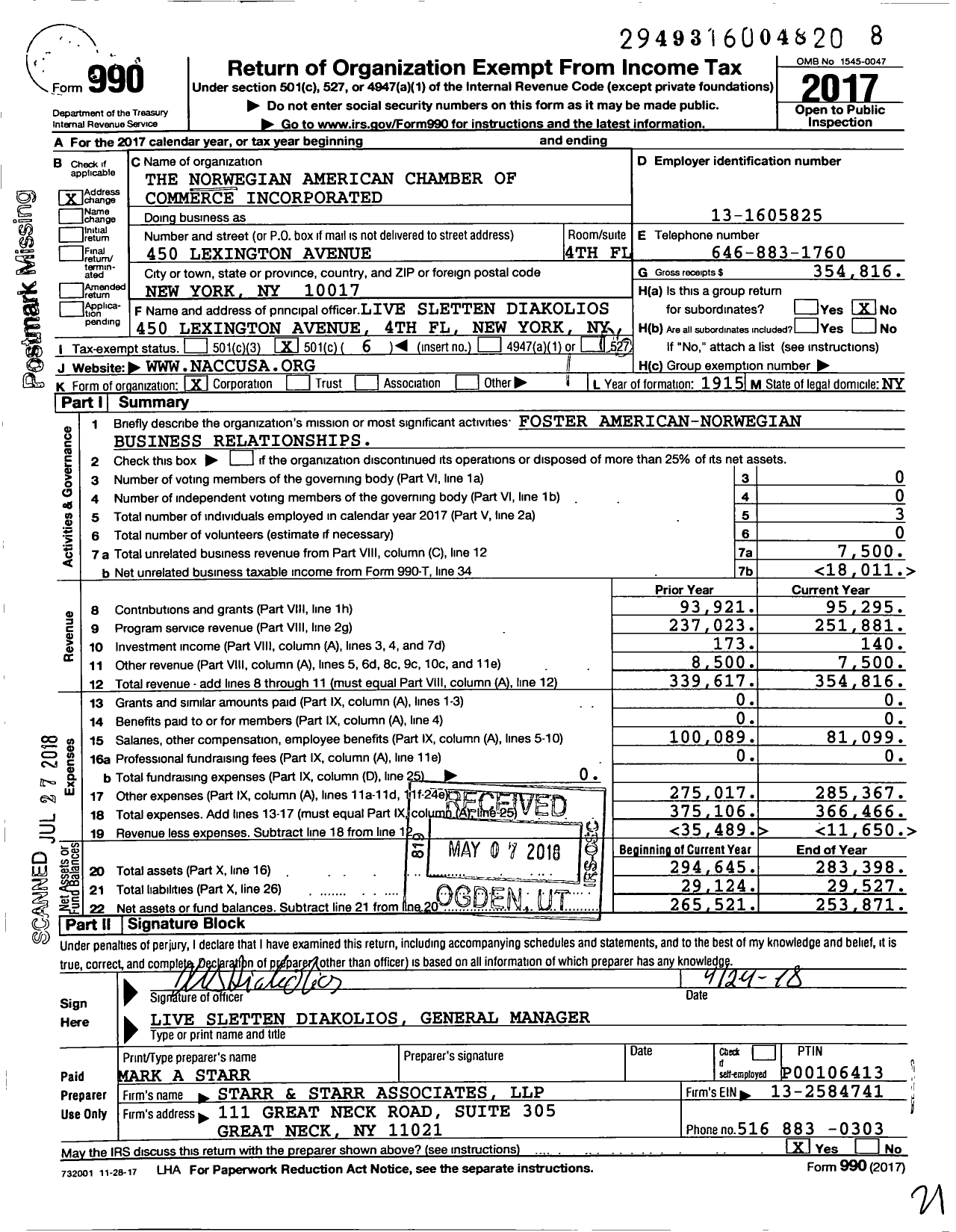 Image of first page of 2017 Form 990O for The Norwegian American Chamber of Commerce Incorporated