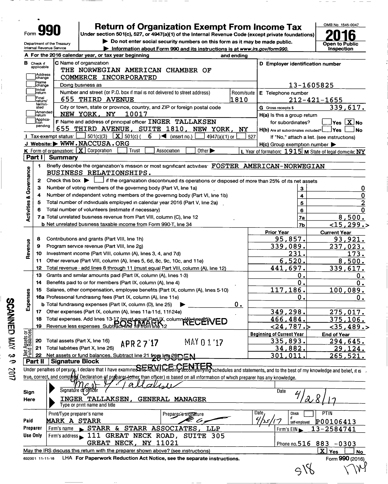 Image of first page of 2016 Form 990O for The Norwegian American Chamber of Commerce Incorporated