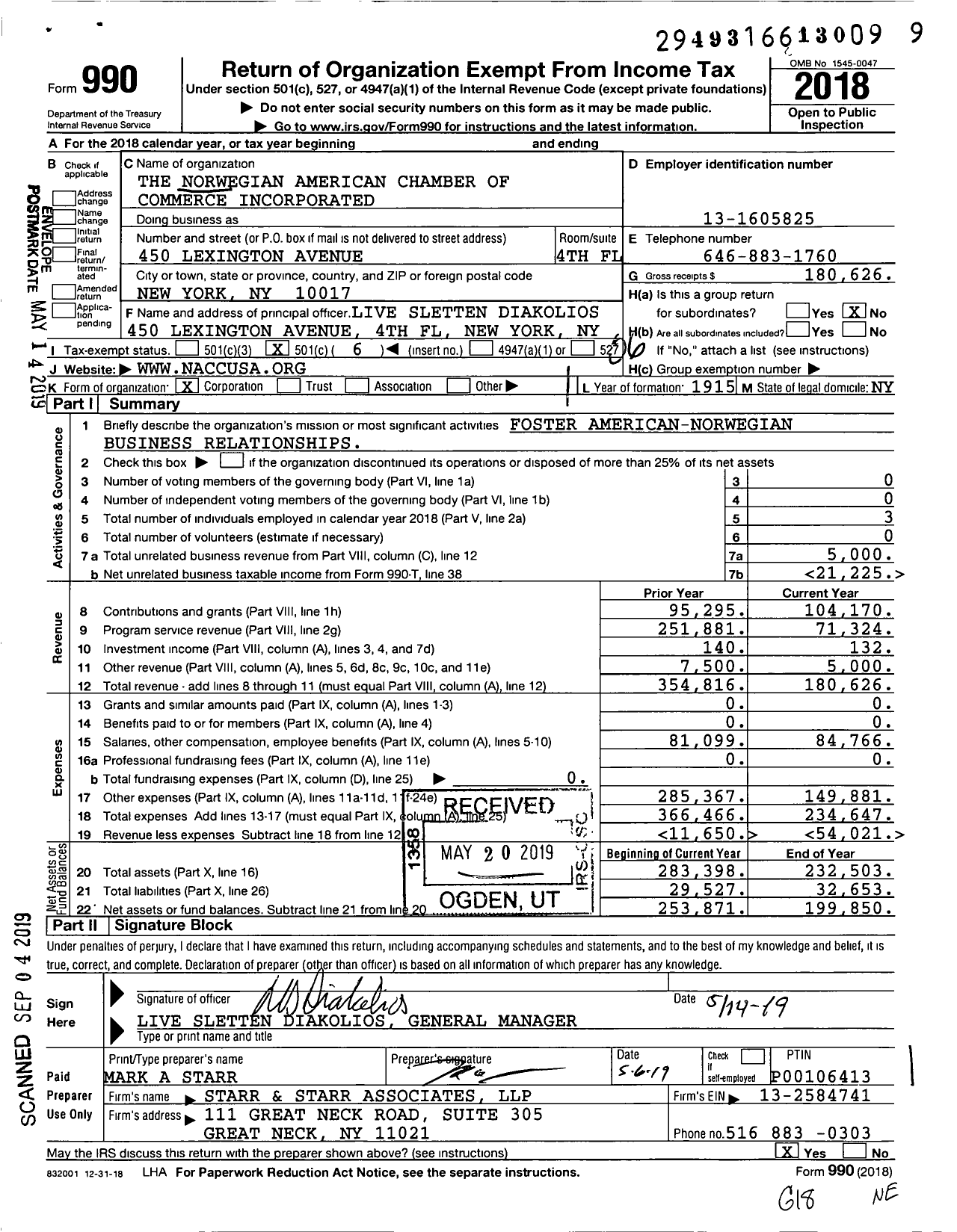 Image of first page of 2018 Form 990O for The Norwegian American Chamber of Commerce Incorporated