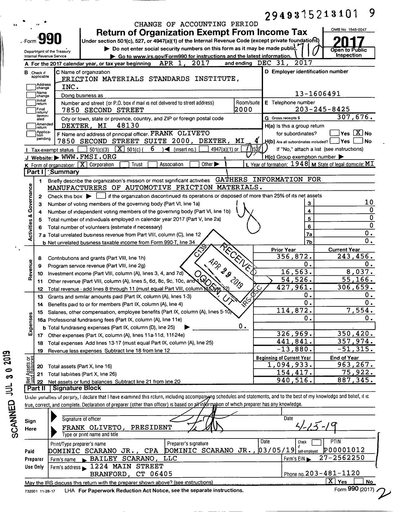 Image of first page of 2017 Form 990O for Friction Materials Standards Institute