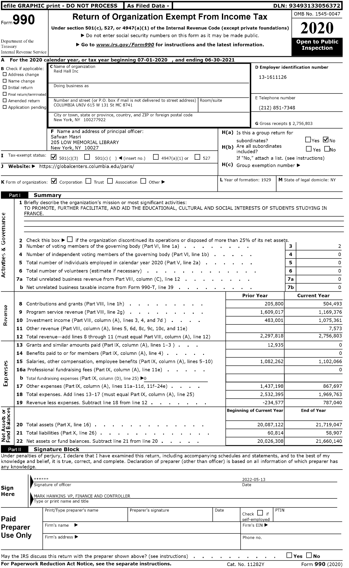 Image of first page of 2020 Form 990 for Reid Hall