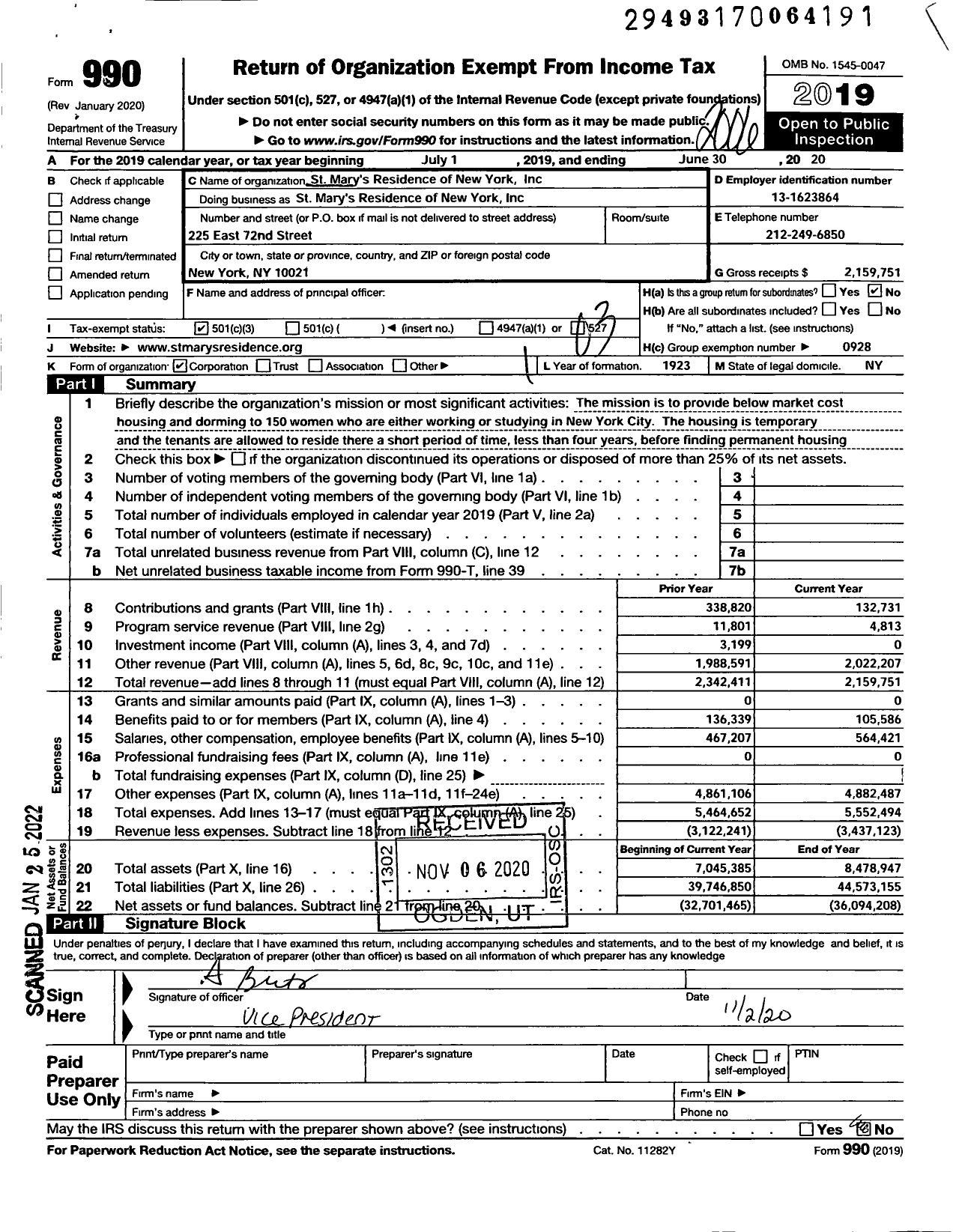 Image of first page of 2019 Form 990 for St Mary's Residence New York