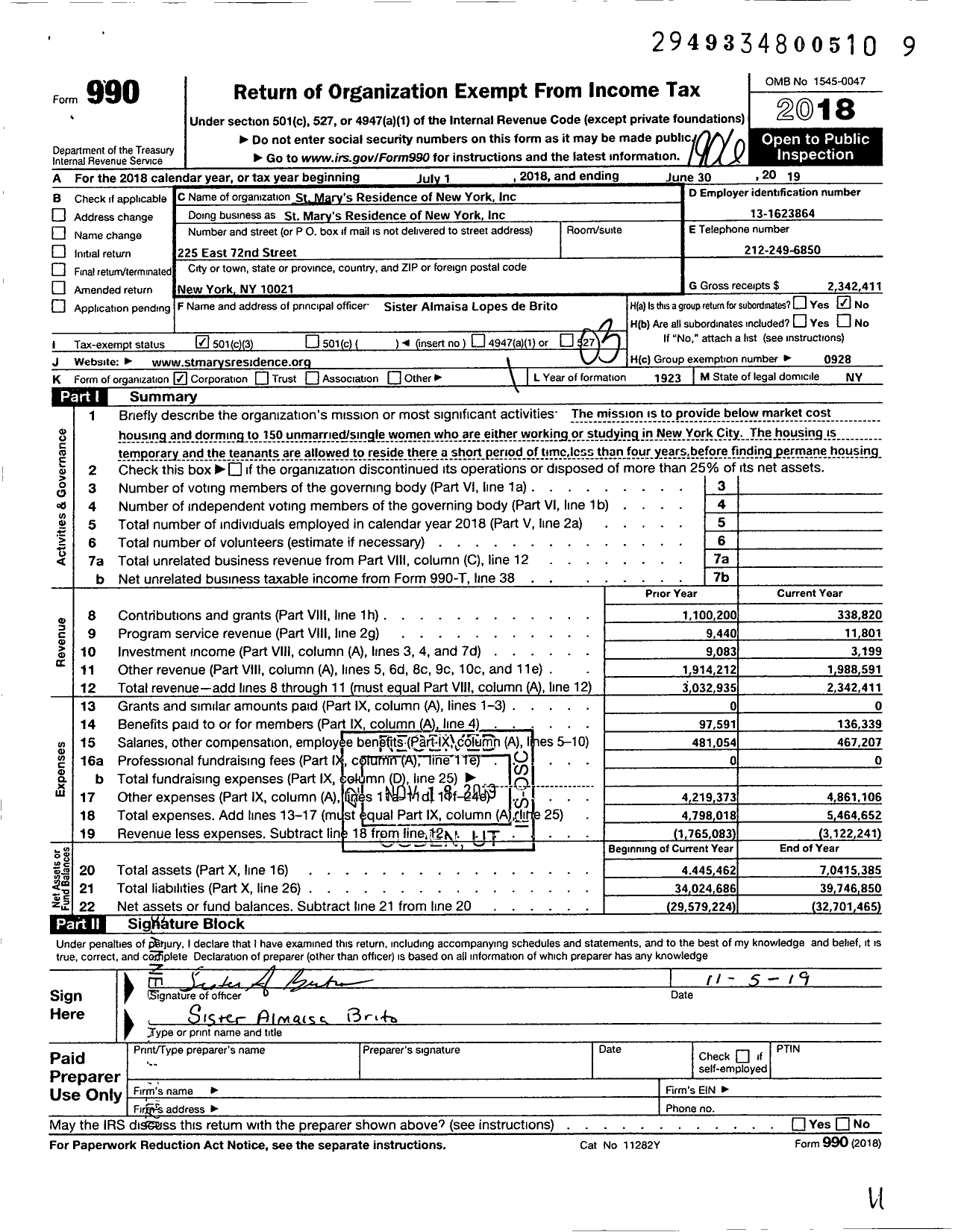 Image of first page of 2018 Form 990 for St Mary's Residence New York