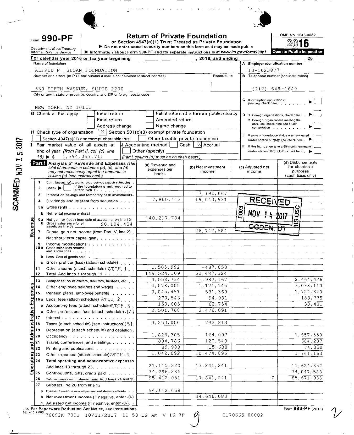 Image of first page of 2016 Form 990PF for Alfred P Sloan Foundation