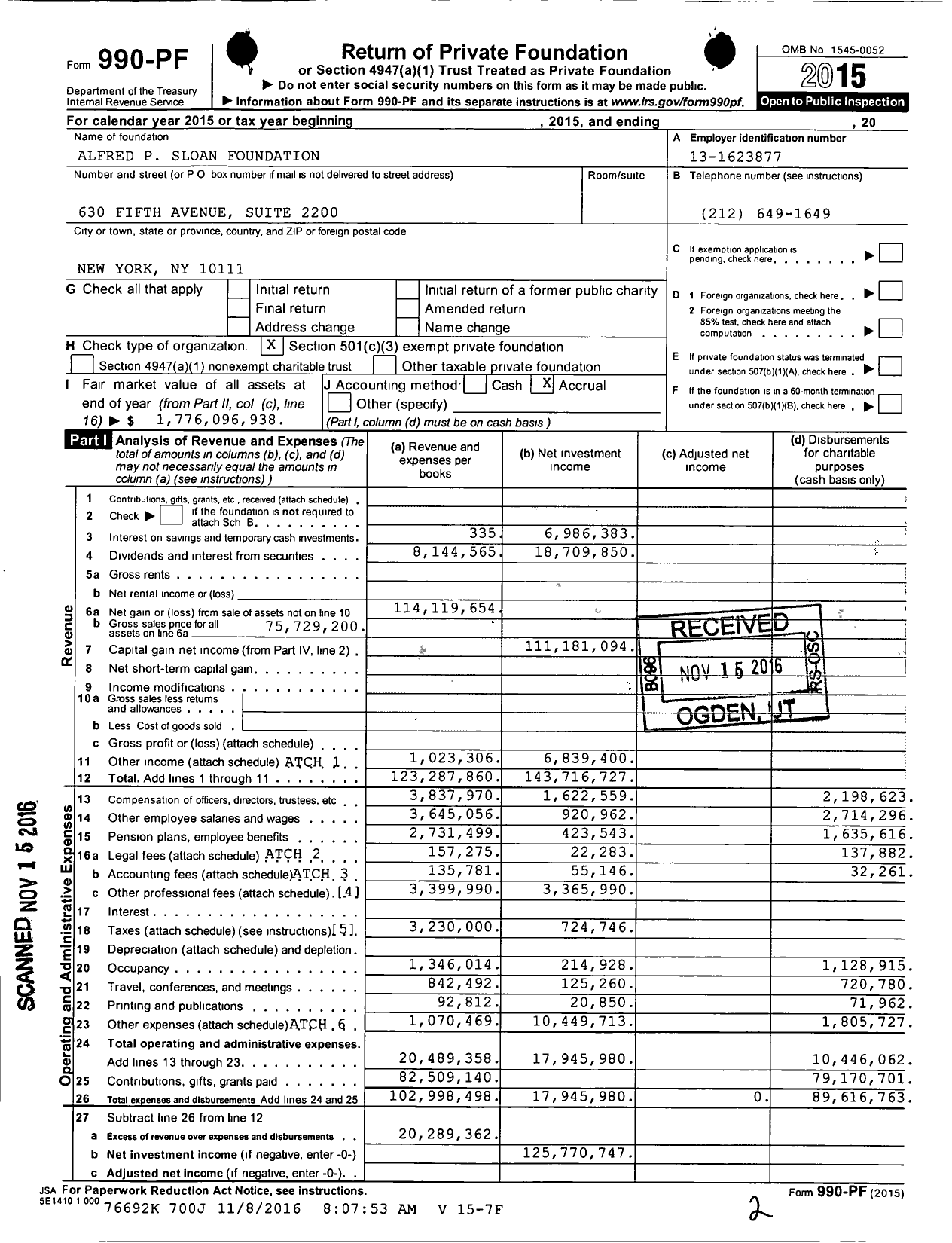 Image of first page of 2015 Form 990PF for Alfred P Sloan Foundation