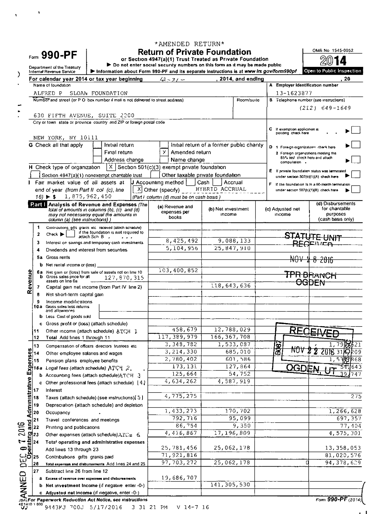 Image of first page of 2014 Form 990PF for Alfred P Sloan Foundation