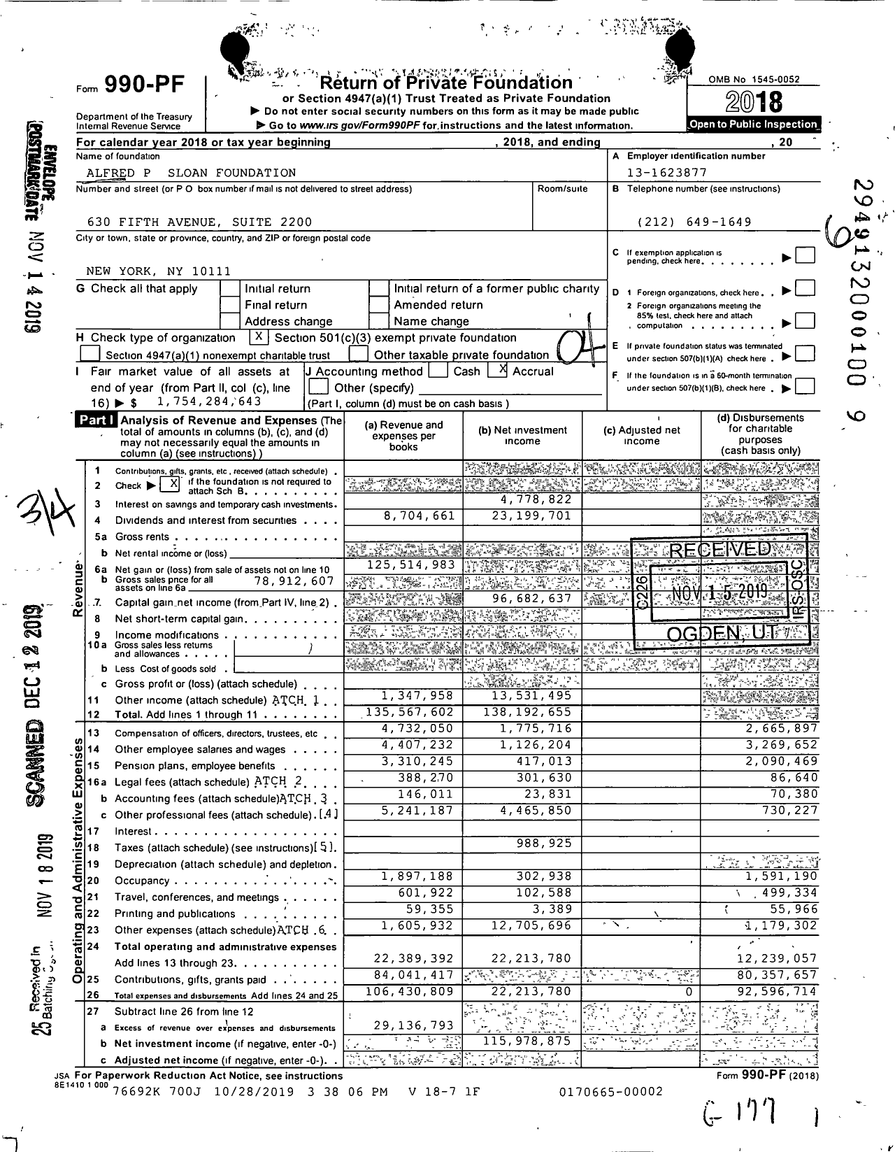 Image of first page of 2018 Form 990PF for Alfred P Sloan Foundation