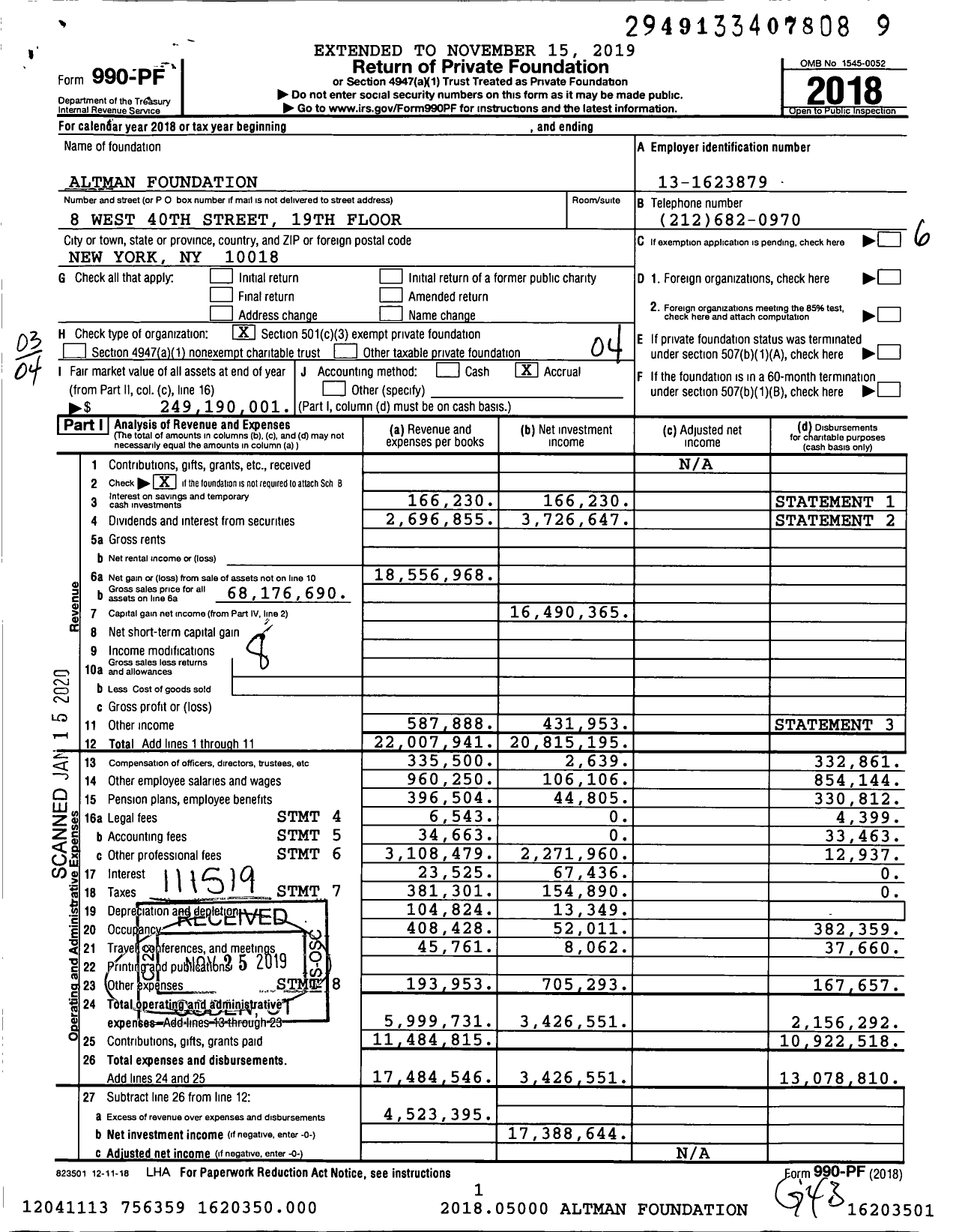 Image of first page of 2018 Form 990PF for Altman Foundation