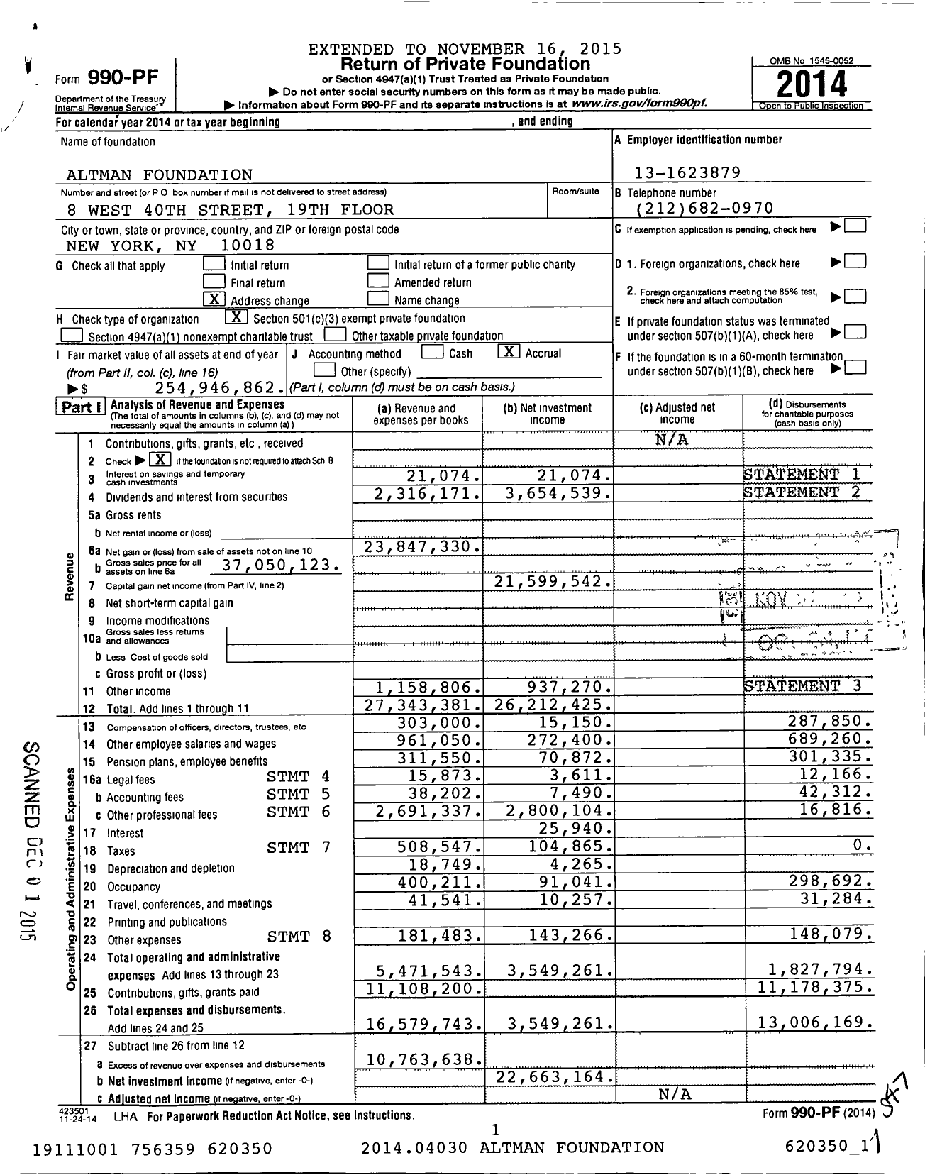 Image of first page of 2014 Form 990PF for Altman Foundation