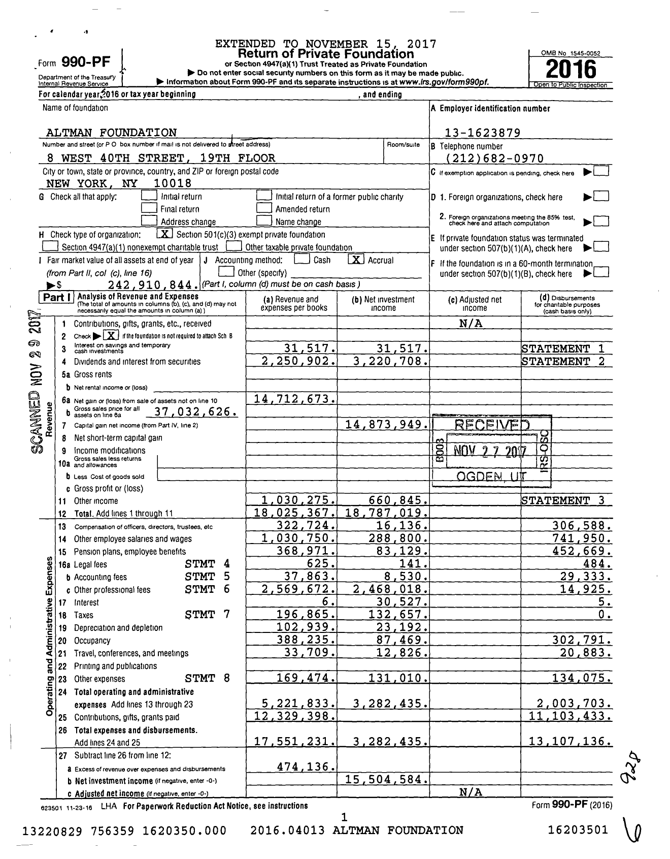 Image of first page of 2016 Form 990PF for Altman Foundation