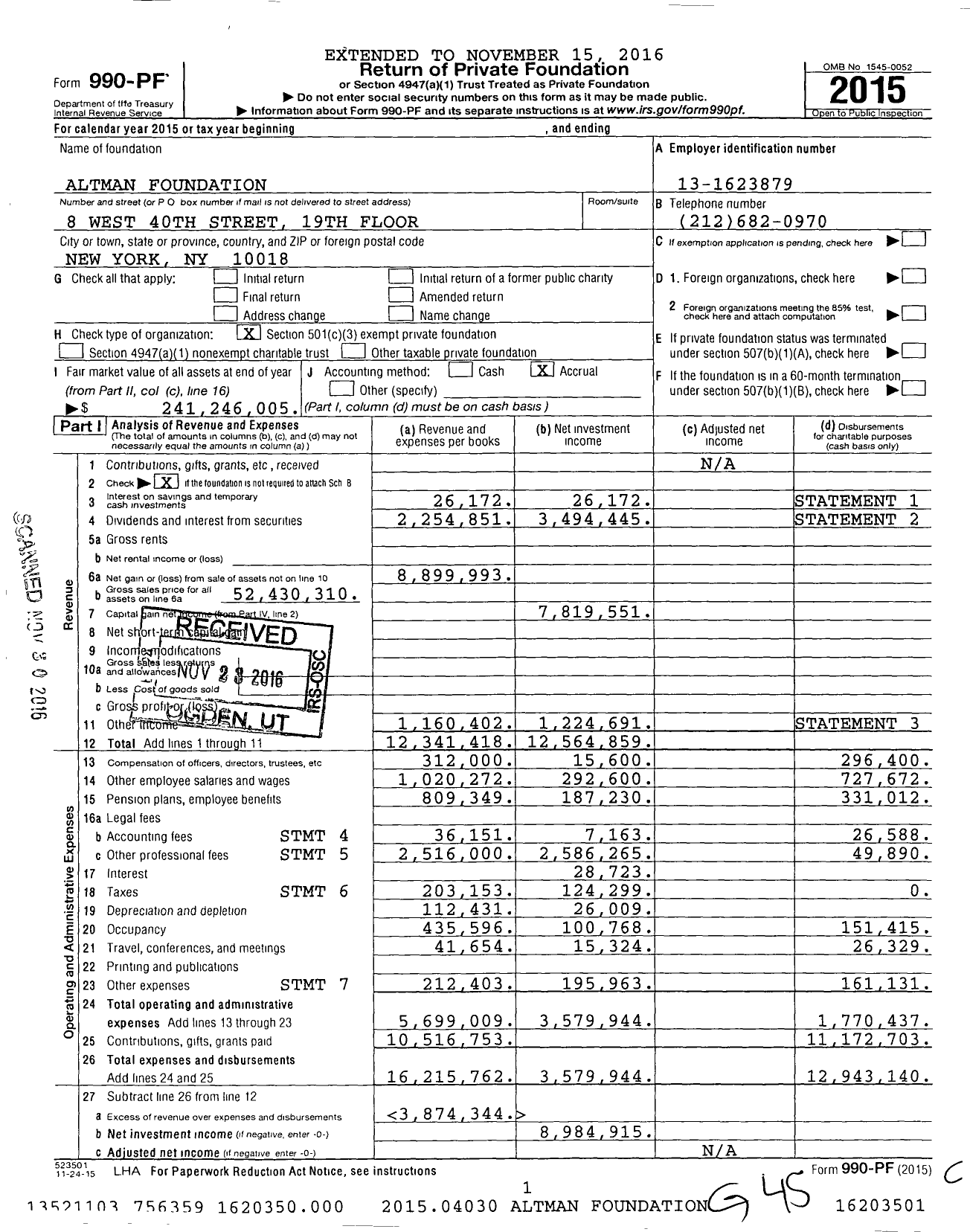 Image of first page of 2015 Form 990PF for Altman Foundation