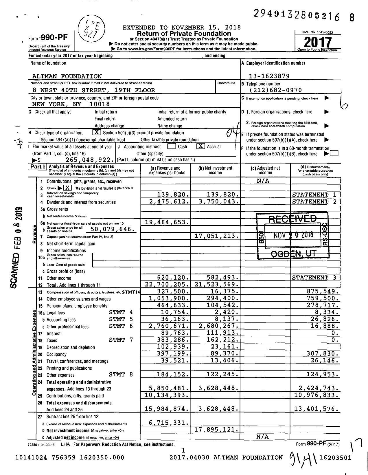Image of first page of 2017 Form 990PF for Altman Foundation