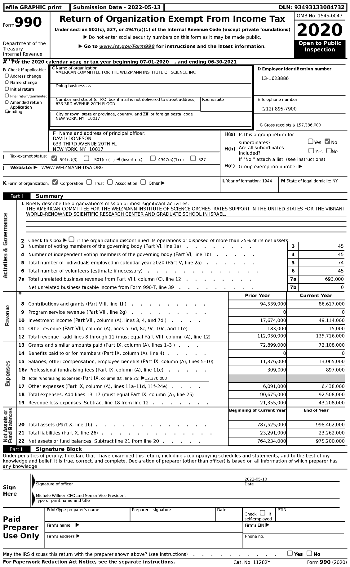 Image of first page of 2020 Form 990 for American Committee and the Weizmann Institute of Science