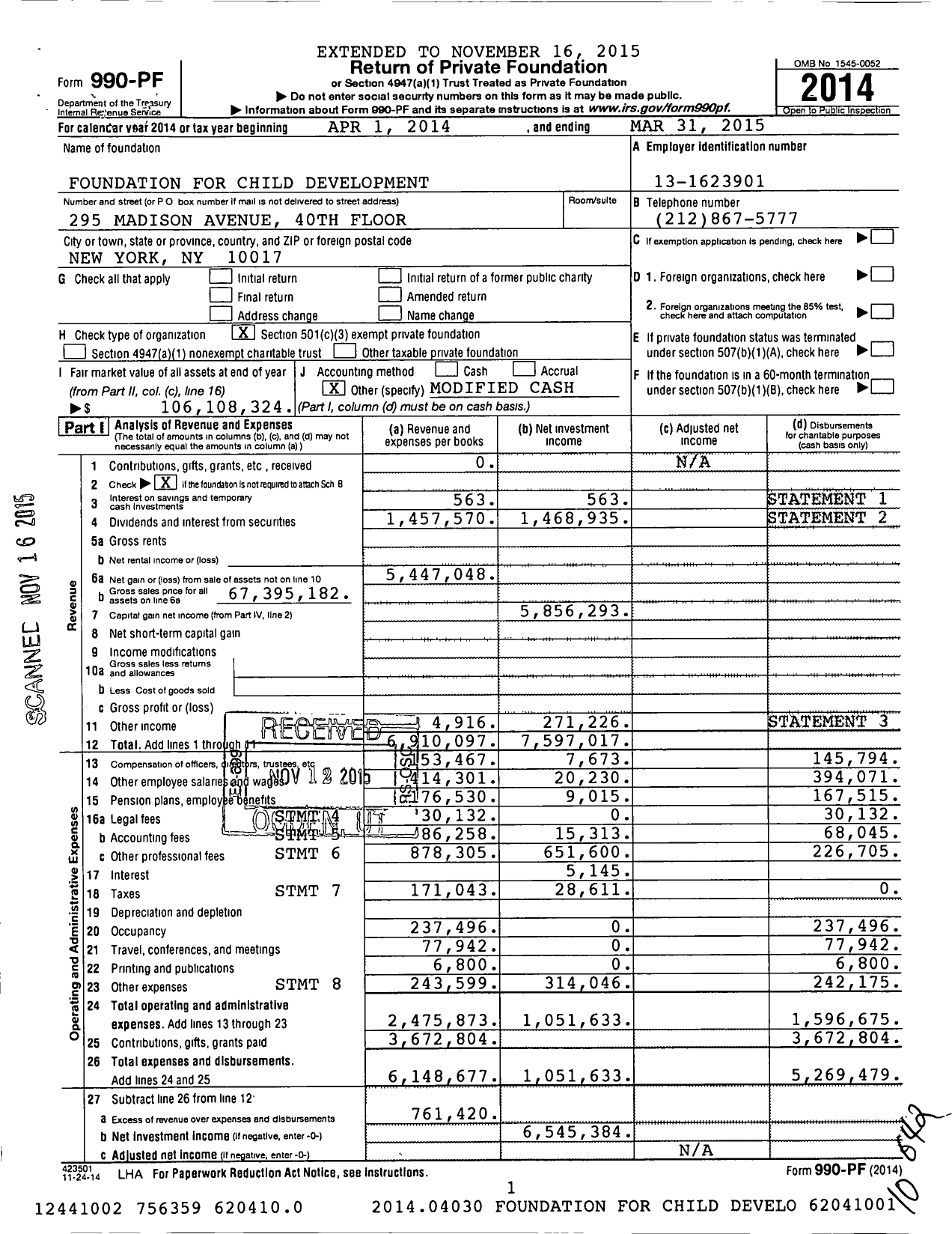 Image of first page of 2014 Form 990PF for Foundation for Child Development
