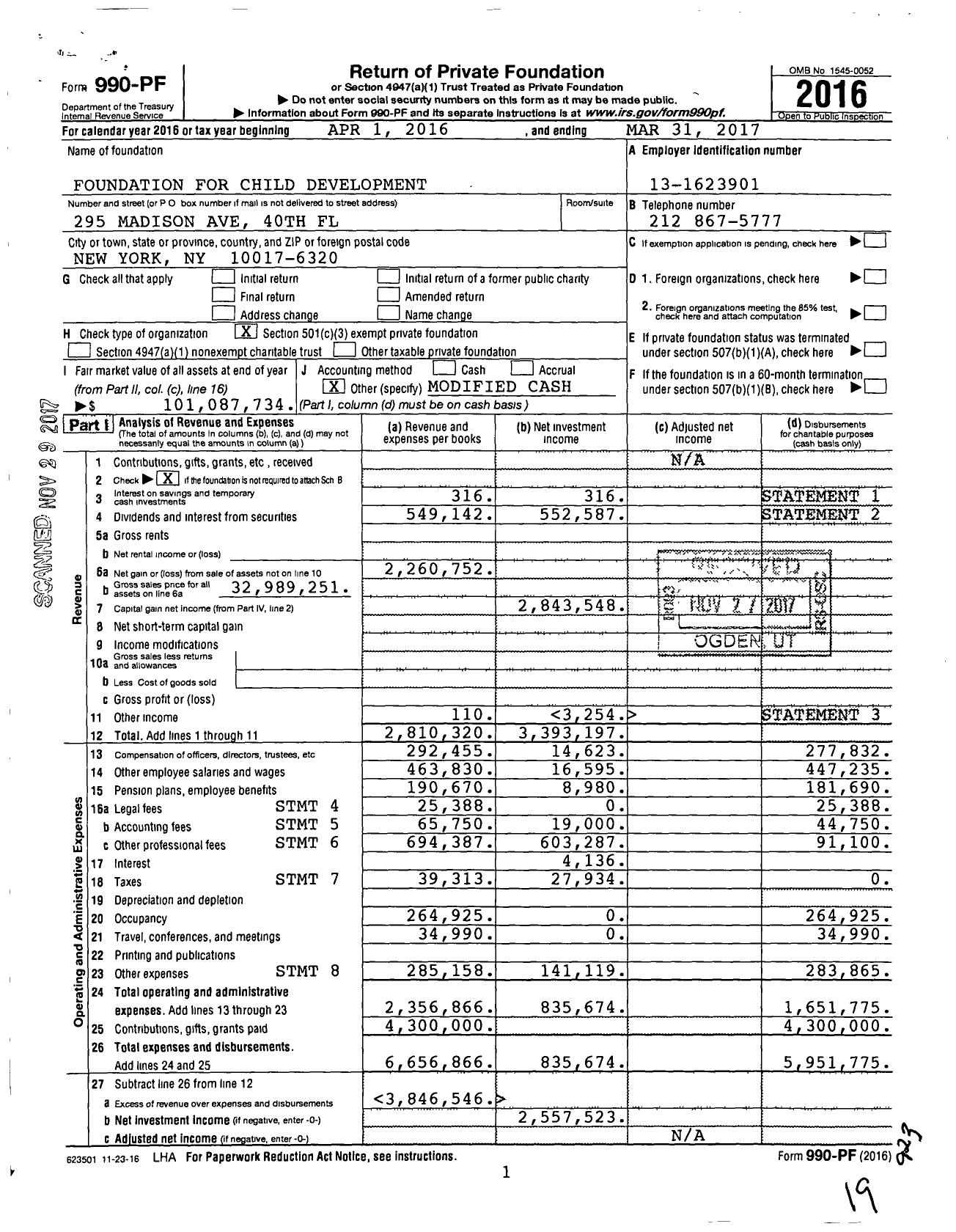 Image of first page of 2016 Form 990PF for Foundation for Child Development