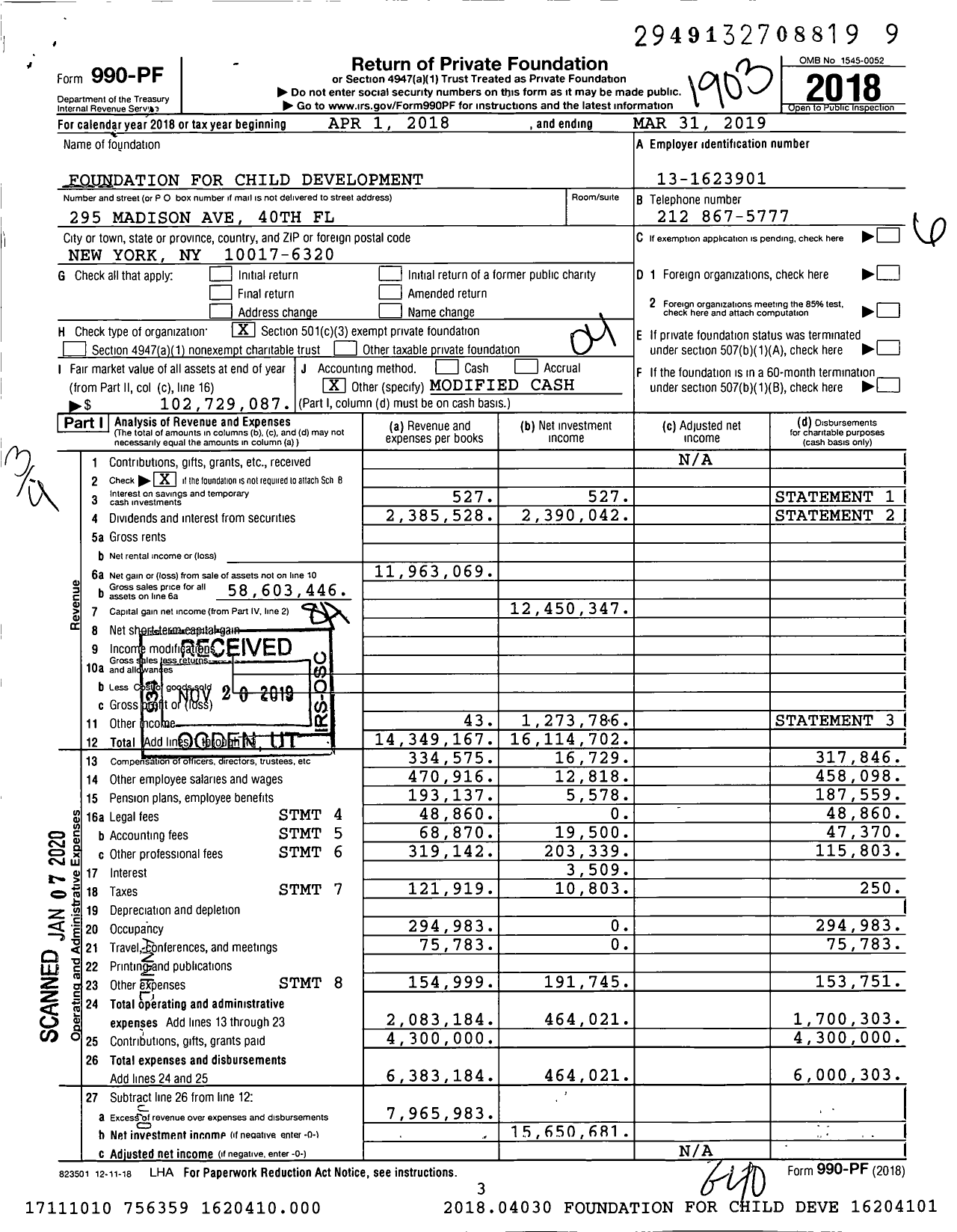 Image of first page of 2018 Form 990PF for Foundation for Child Development