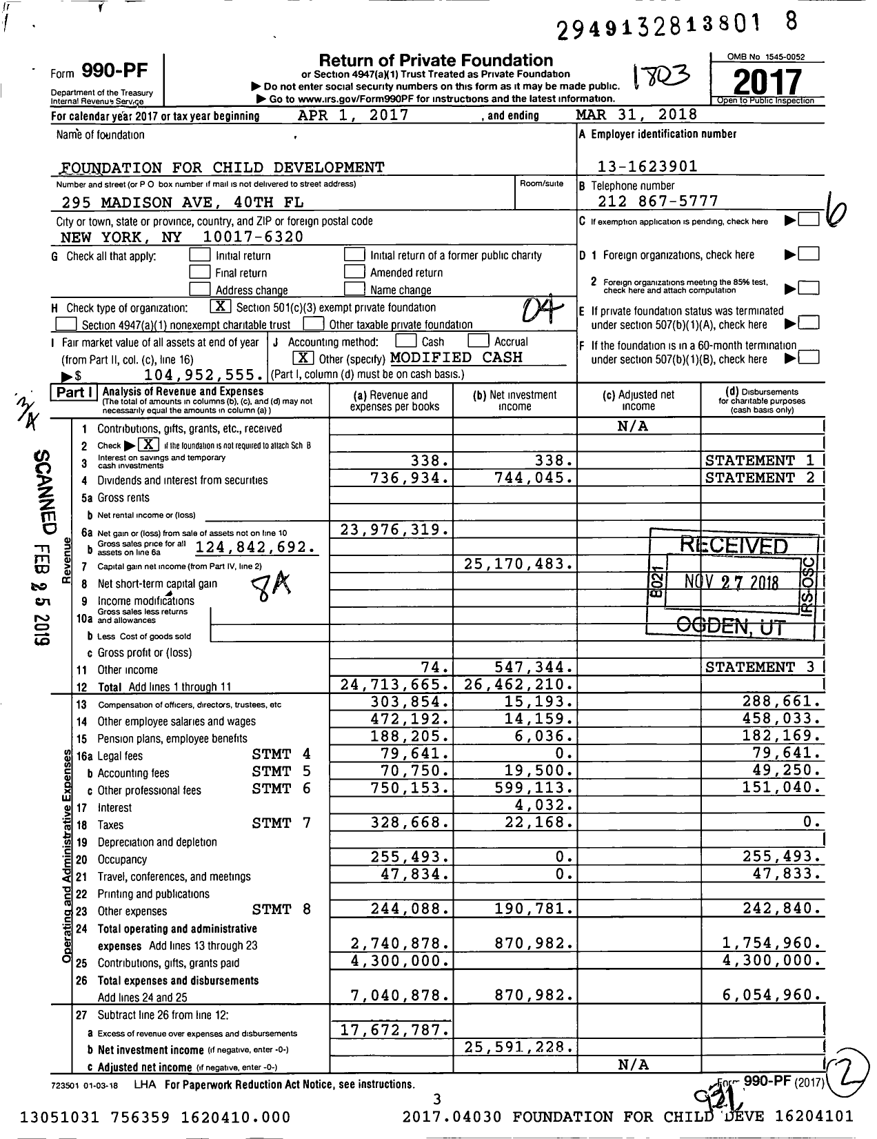 Image of first page of 2017 Form 990PF for Foundation for Child Development