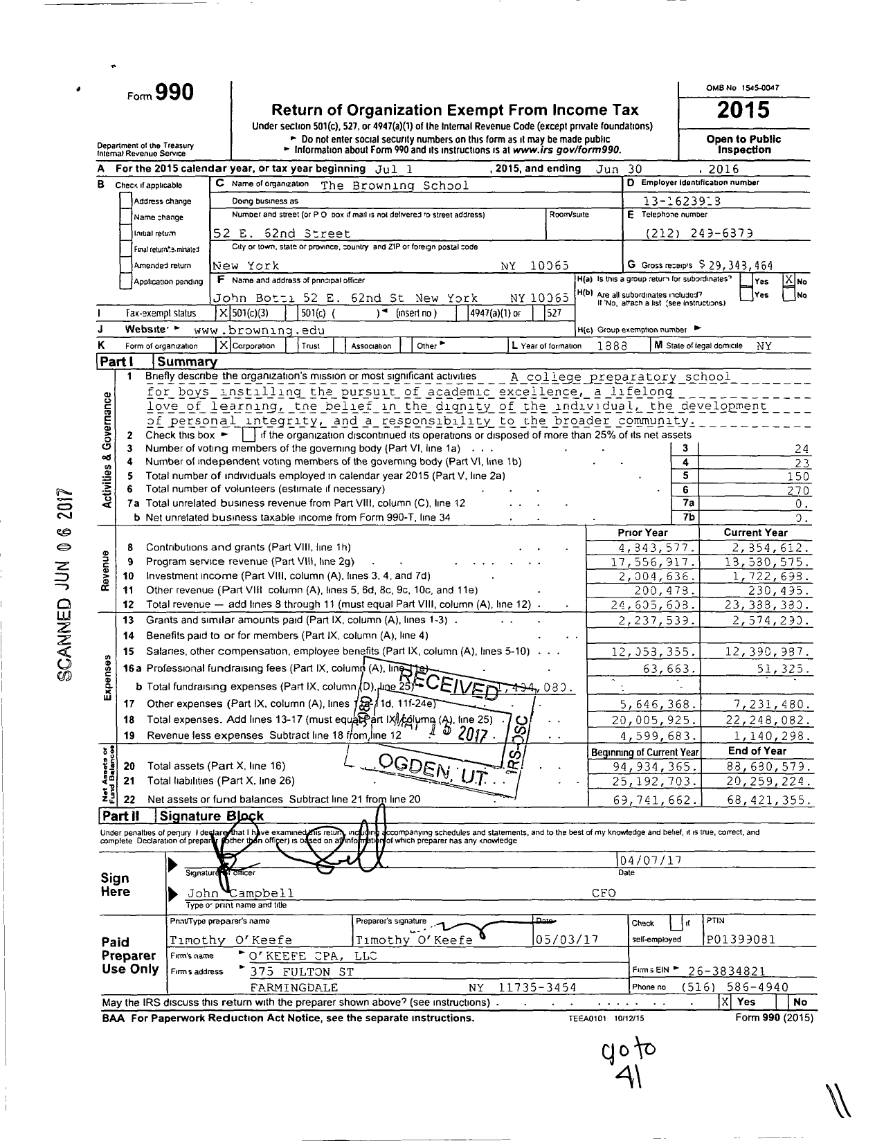Image of first page of 2015 Form 990 for The Browning School