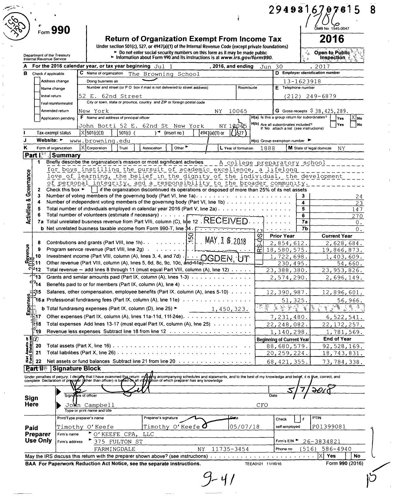 Image of first page of 2016 Form 990 for The Browning School