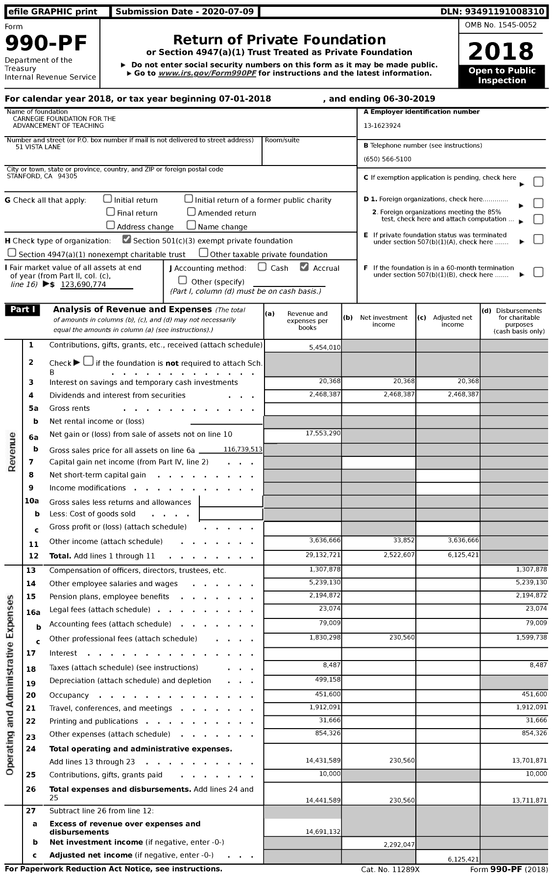 Image of first page of 2018 Form 990PF for Carnegie Foundation for the Advancement of Teaching (CFAT)