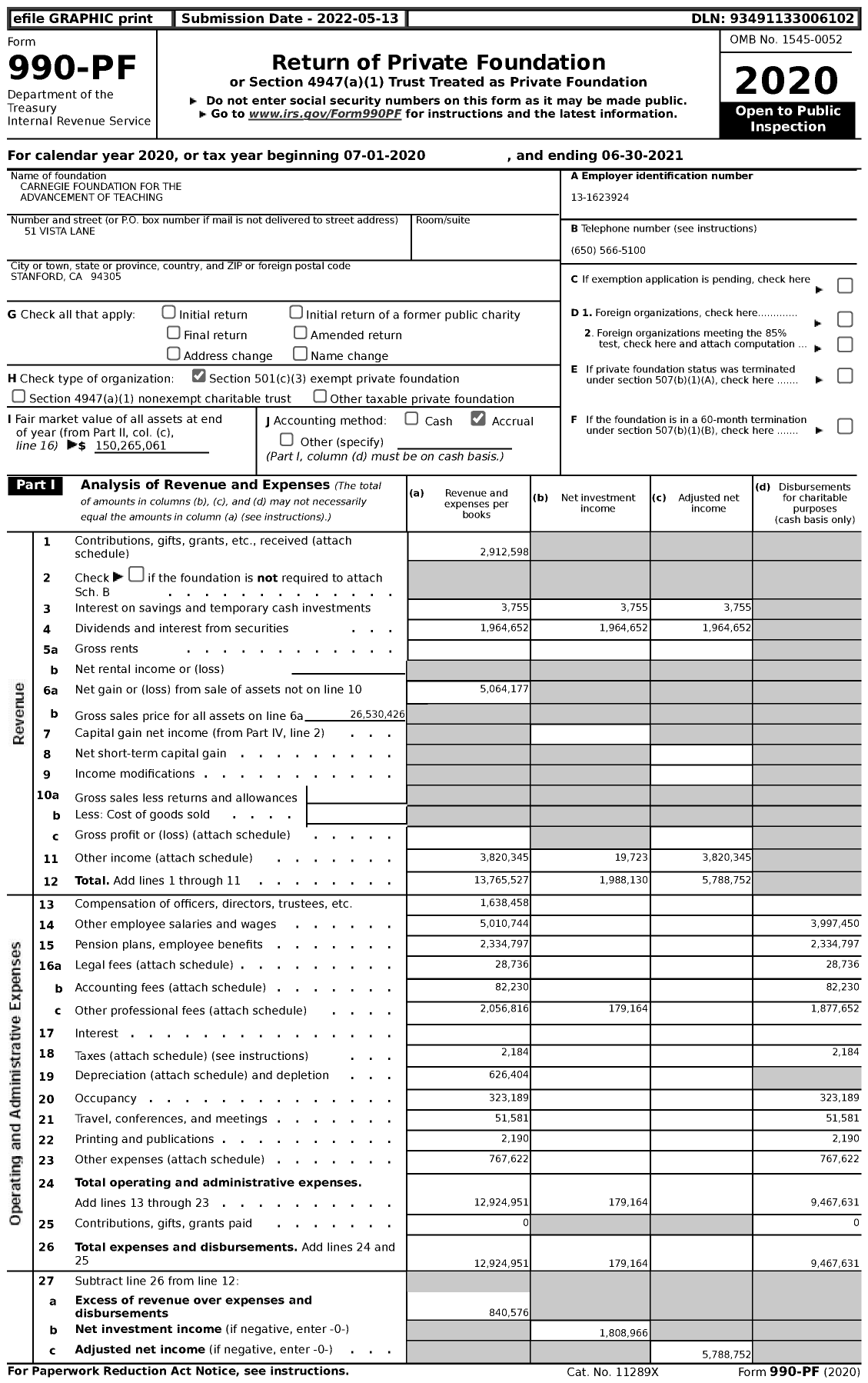 Image of first page of 2020 Form 990PF for Carnegie Foundation for the Advancement of Teaching (CFAT)